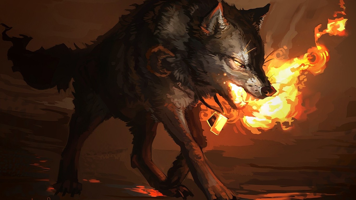Wallpaper, fire, dragon, wolf, darkness, screenshot, 1366x768 px, fictional character, geological phenomenon 1366x768