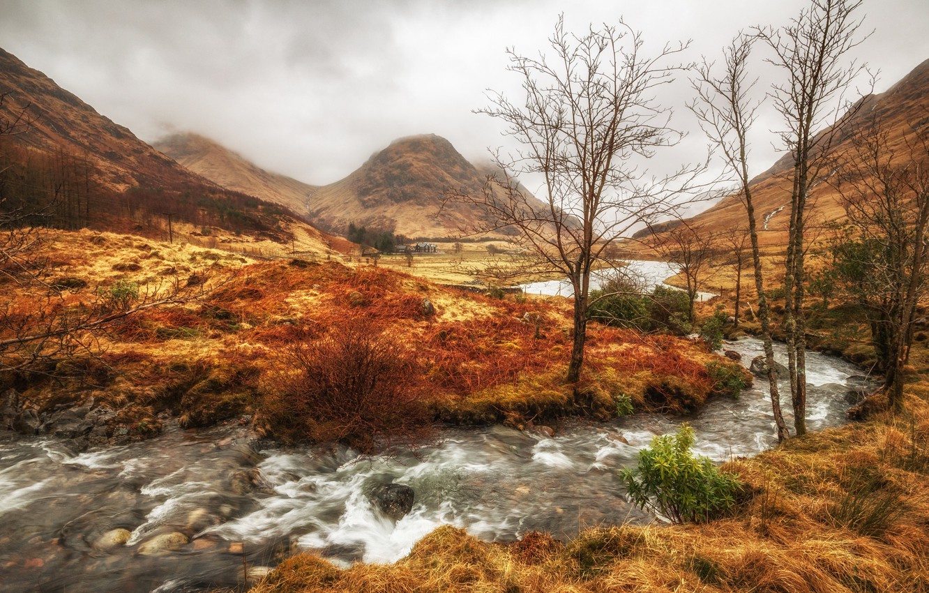 Wallpaper autumn, clouds, trees, mountains, river, Scotland, Scottish highlands image for desktop, section природа