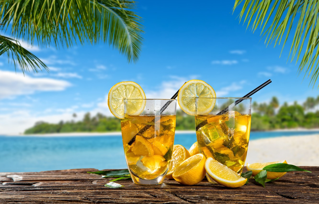 Wallpaper ice, sea, summer, palm trees, lemon, lemonade image for desktop, section еда
