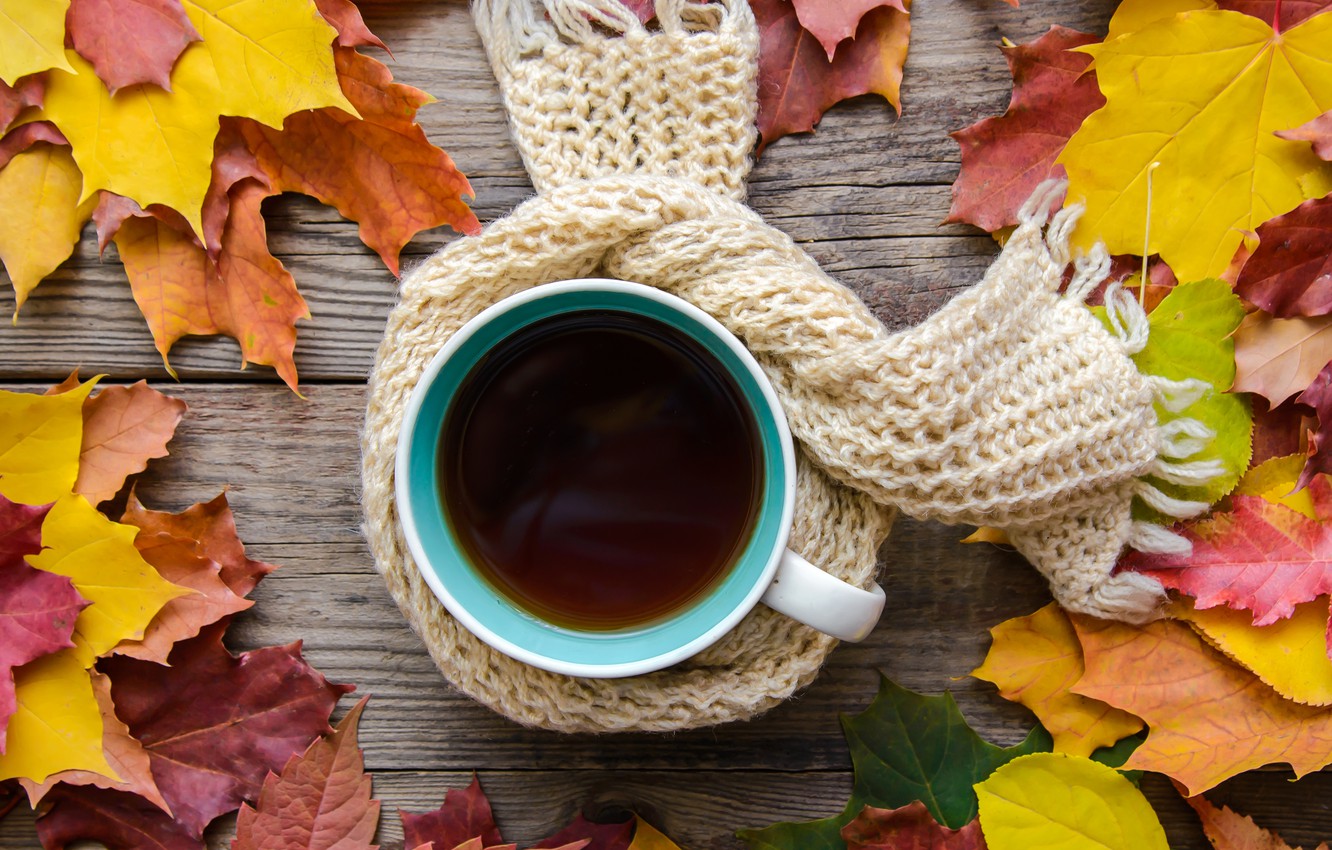 Wallpaper autumn, leaves, scarf, wood, autumn, leaves, coffee cup, a Cup of coffee image for desktop, section настроения