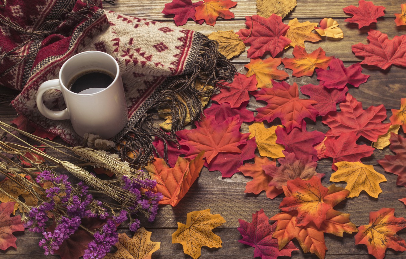 Wallpaper autumn, leaves, flowers, background, tree, coffee, colorful, scarf, Cup, wood, background, autumn, leaves, cup, coffee, autumn image for desktop, section настроения