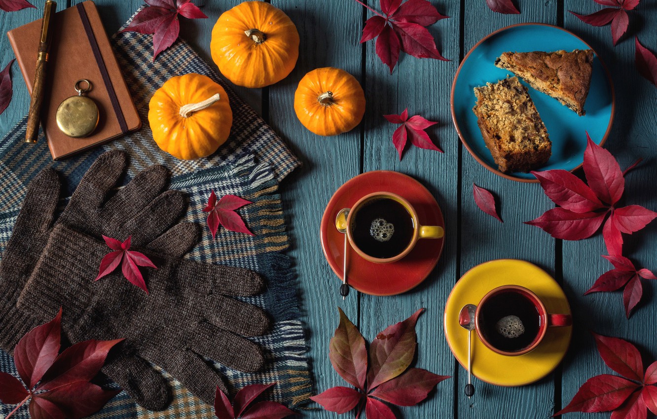 Wallpaper autumn, leaves, watch, coffee, scarf, pie, handle, pumpkin, gloves, Notepad image for desktop, section стиль
