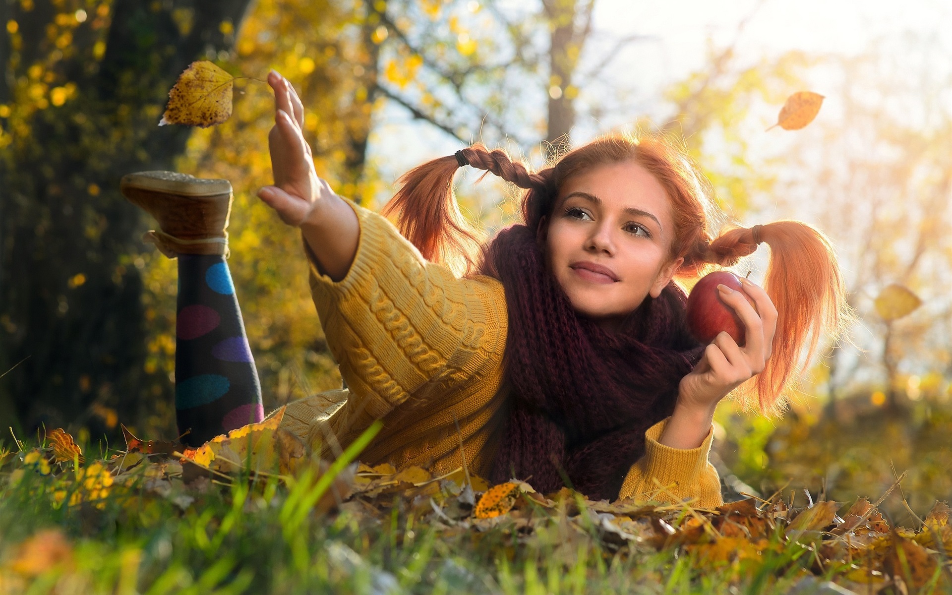 Wallpaper Sweater girl, rest on ground, leaves, scarf, apple, autumn 1920x1200 HD Picture, Image