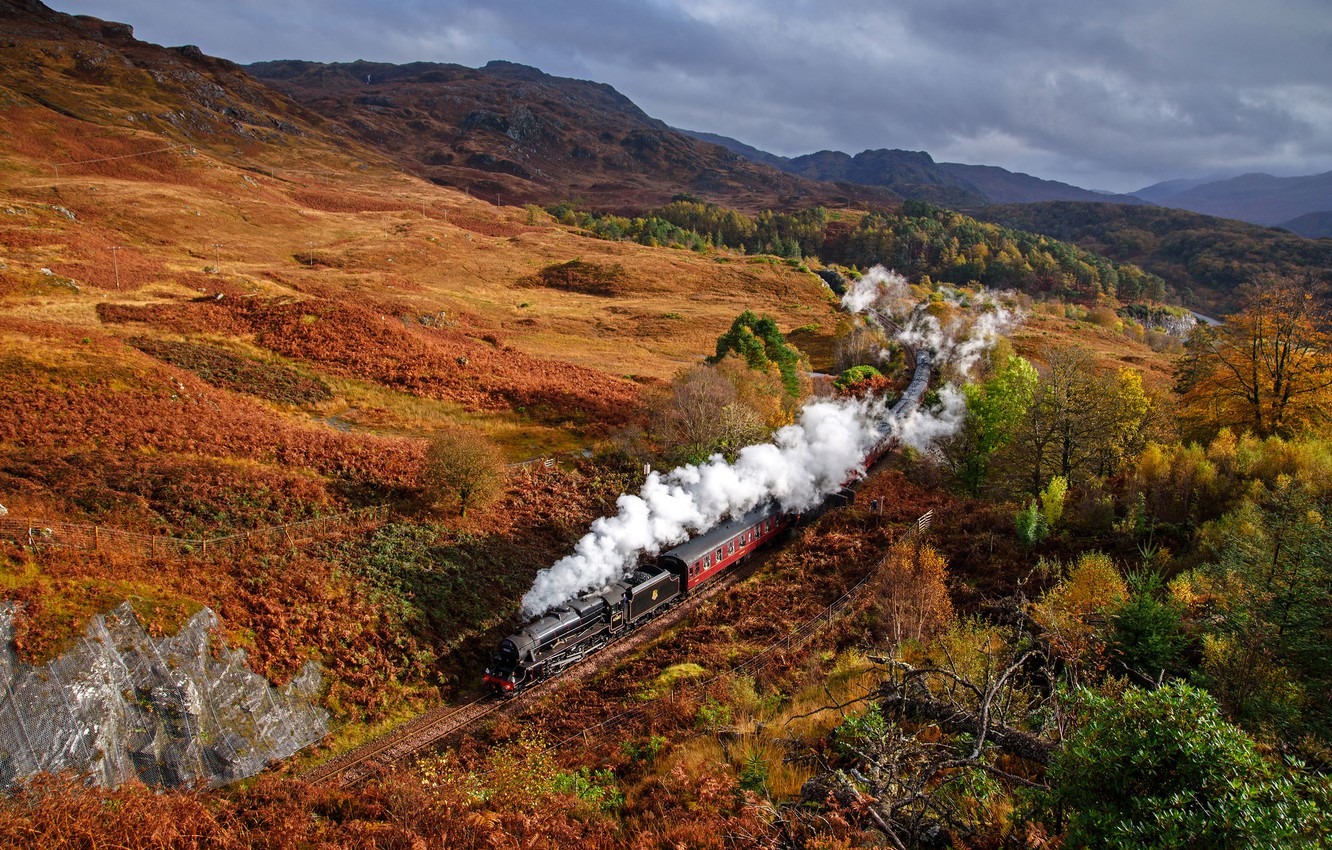Wallpaper autumn, hills, smoke, train, Scotland image for desktop, section пейзажи