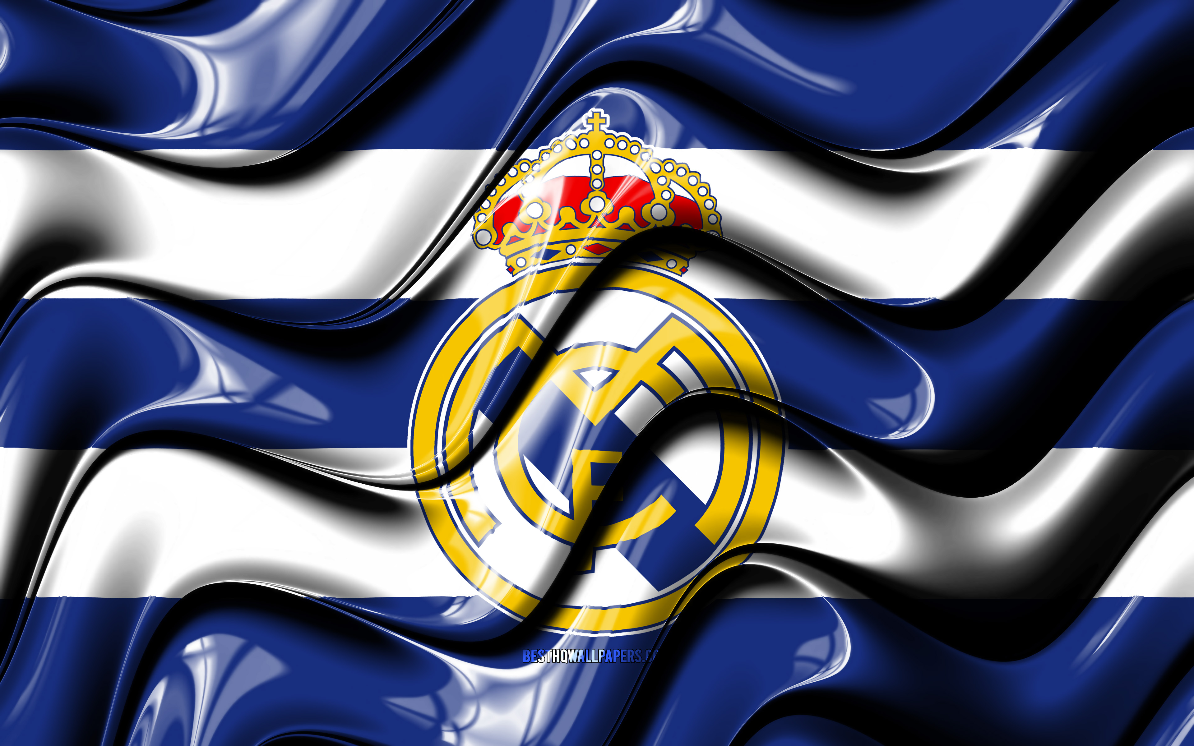 Download wallpaper Real Madrid flag, 4k, blue and white 3D waves, LaLiga, spanish football club, football, Real Madrid logo, La Liga, Real Madrid FC, soccer, Real Madrid CF for desktop with resolution