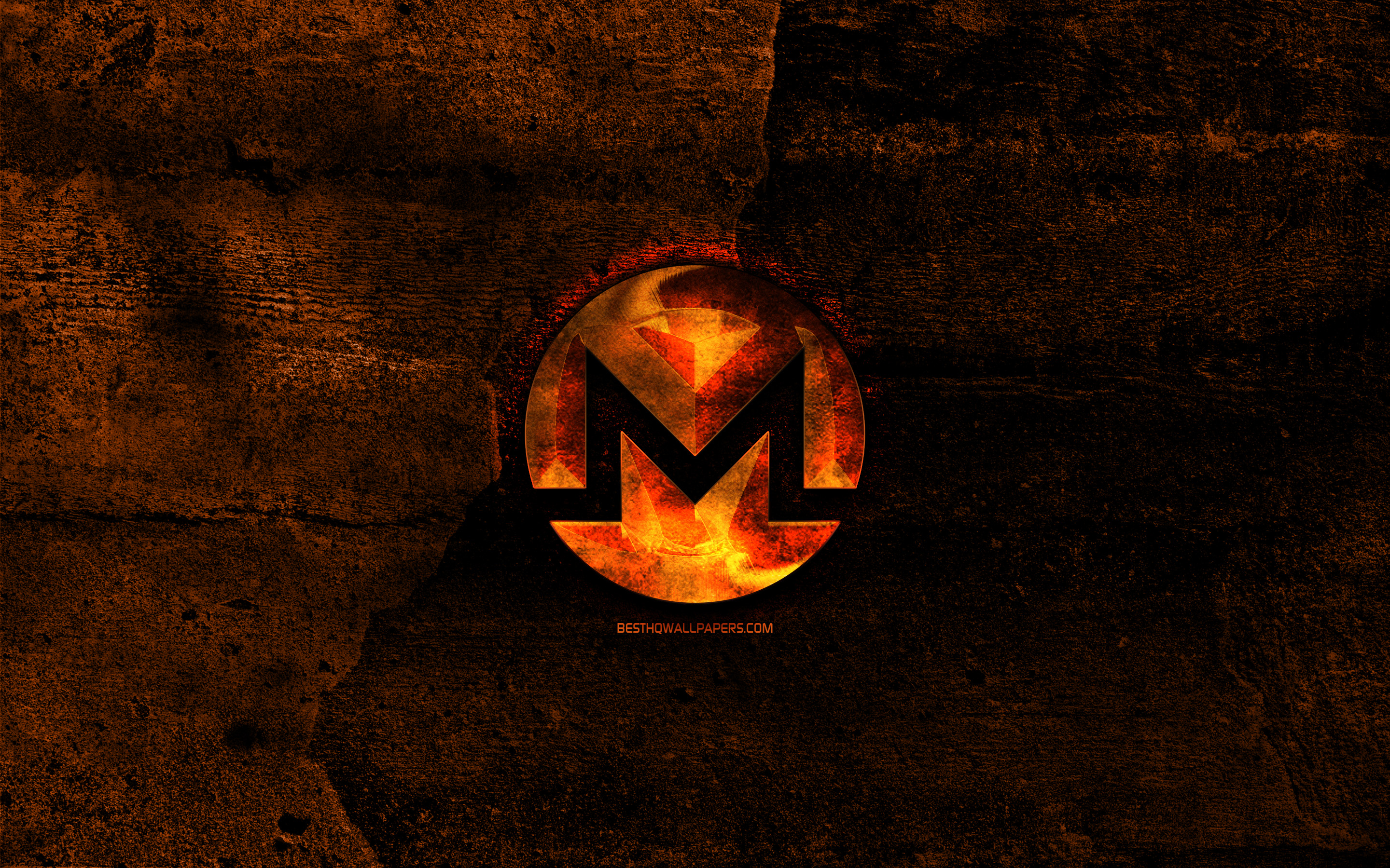 Download wallpaper Monero fiery logo, orange stone background, creative, Monero logo, cryptocurrency, Monero for desktop with resolution 2880x1800. High Quality HD picture wallpaper