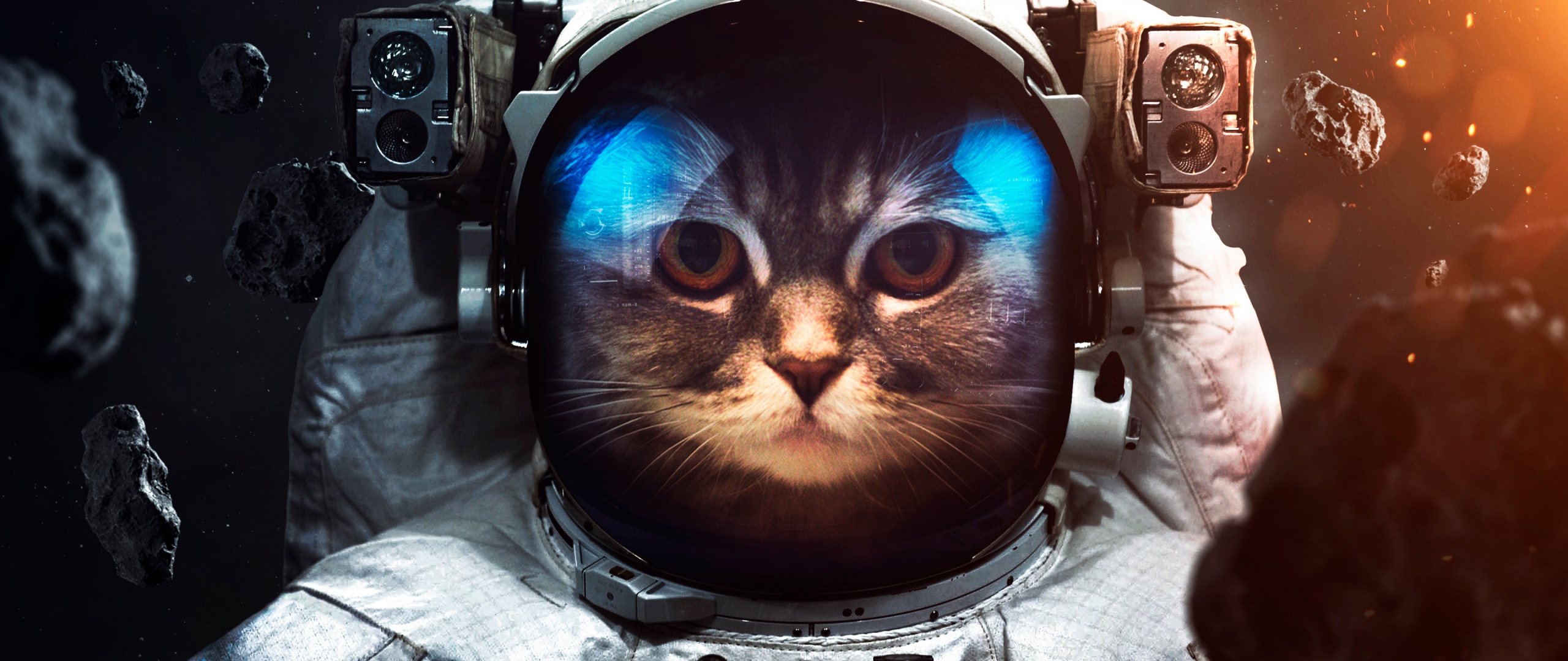 Space Suit Wallpaper 4K, Cat, Asteroids, Astronaut, Stars, Space