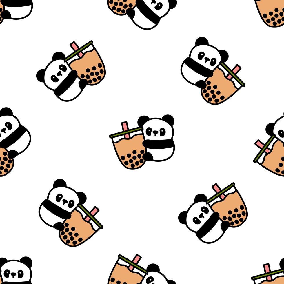 Cute panda holding bubble tea cartoon seamless pattern