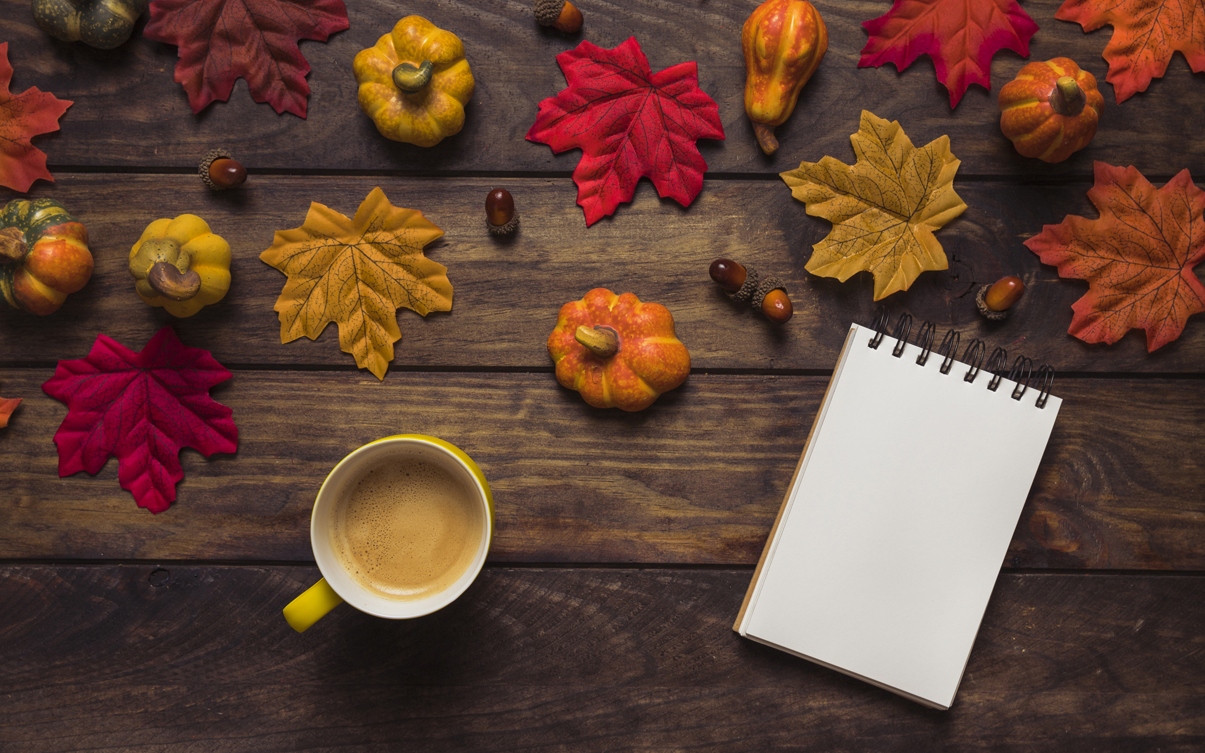 image Leaf Notepad Autumn Coffee Pumpkin Cup Food boards 3840x2400