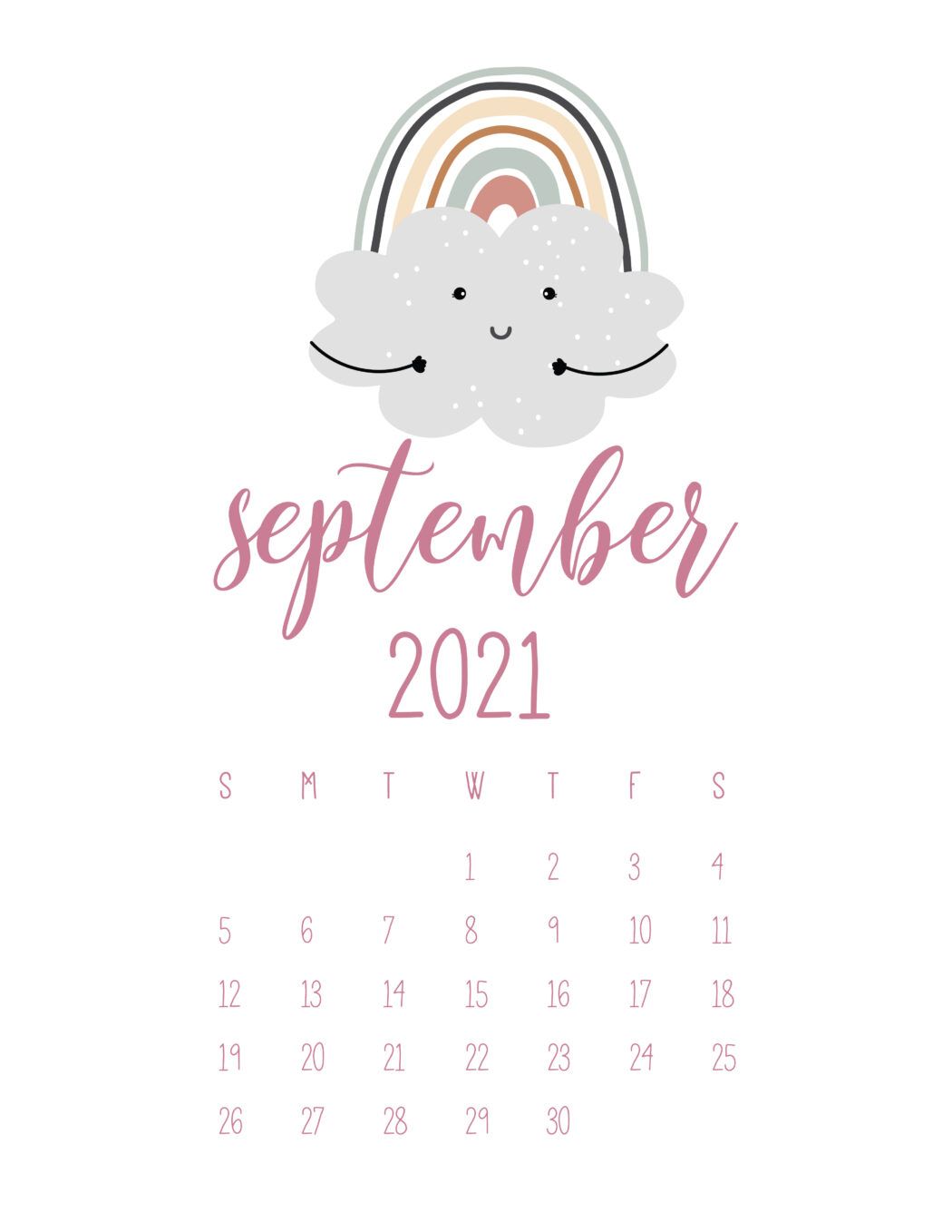 Free September 2021 Rainbows Calendar calendar, Inspirational quotes calendar, Print calendar