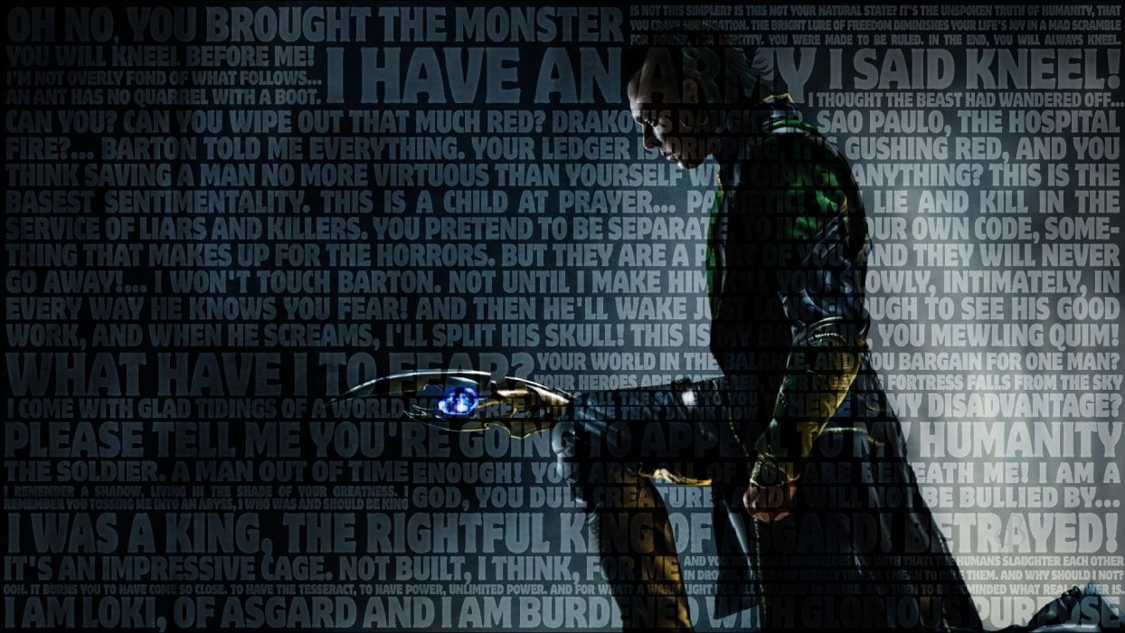 Typography Loki kneeling Tom Hiddleston The Avengers (movie) Loki Laufeyson sceptres wallpaperx1080