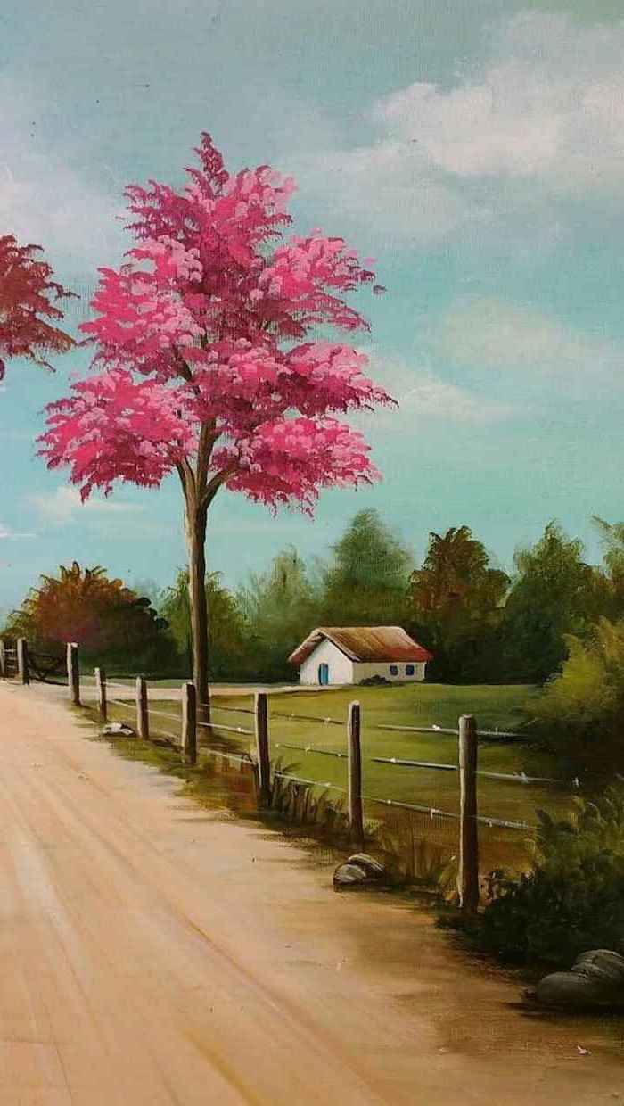 spring background image, small house, painting of a rural landscape, pink blooming tree, next. Nature paintings, Landscape paintings acrylic, Landscape paintings