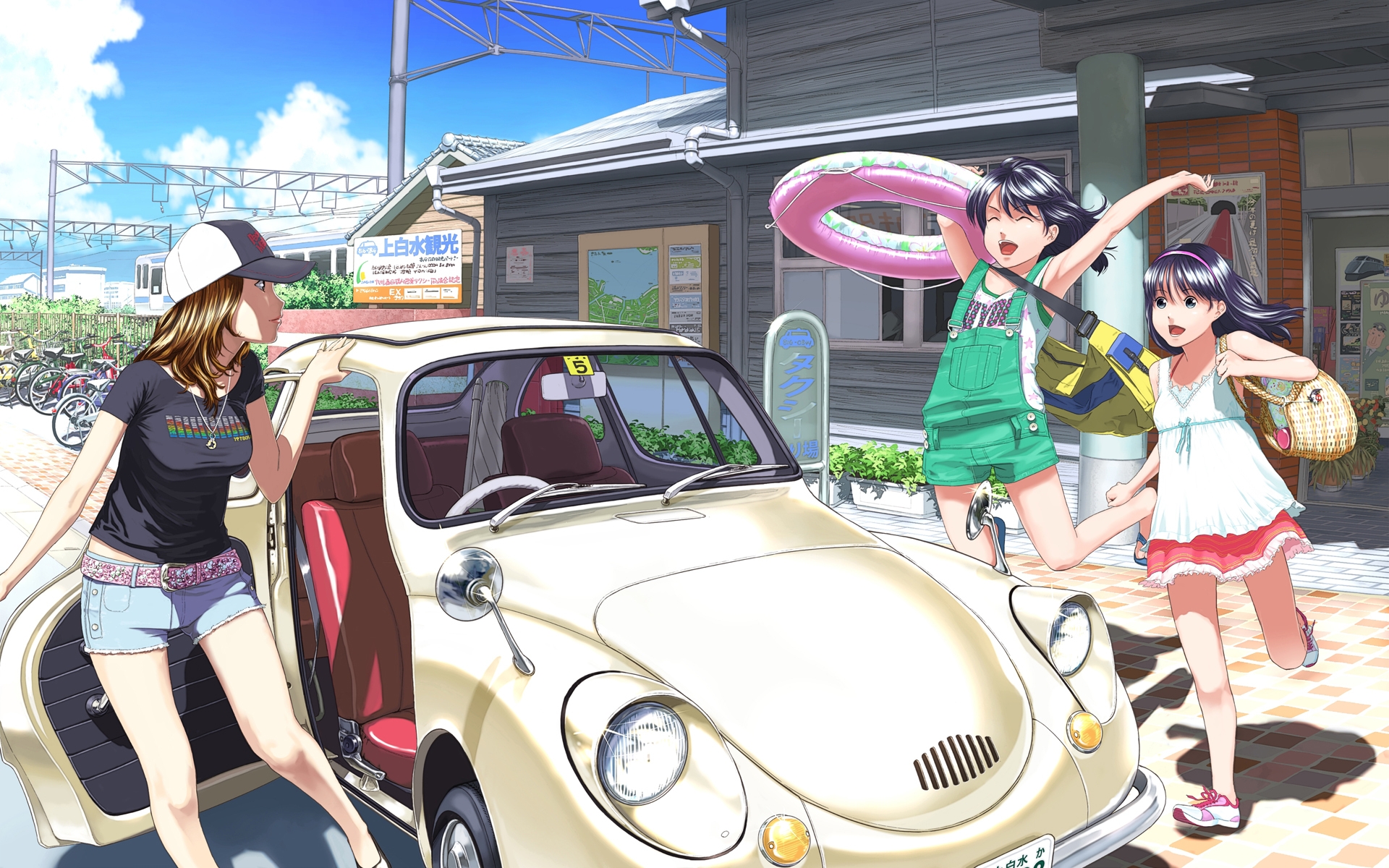 Wallpaper, anime, girls, fun, car, summer, travel, swimming 1920x1200