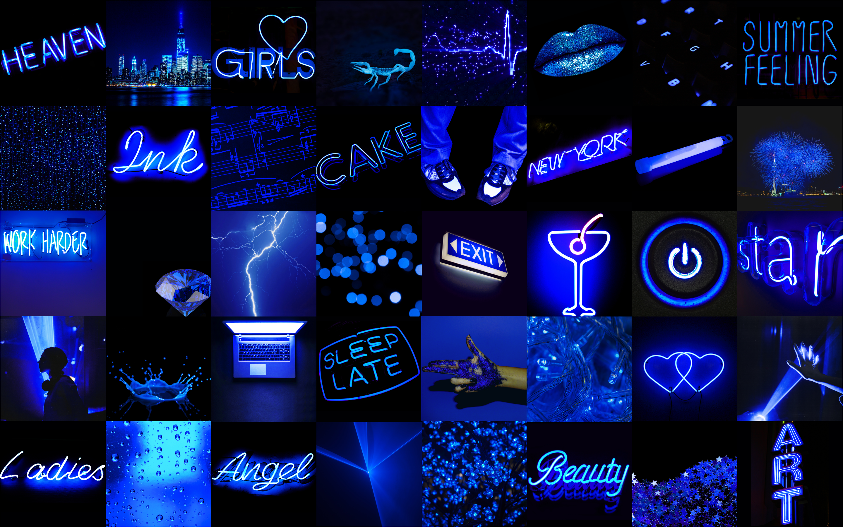 Dark Blue Neon Wall Collage Kit. Wall collage, Black aesthetic wallpaper, Blue aesthetic dark