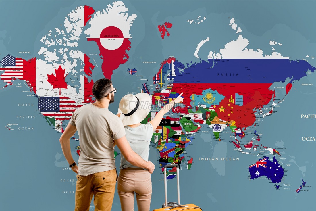 Country Flags on World Map Wallpaper Mural Map Wallpaper • Wallmur®