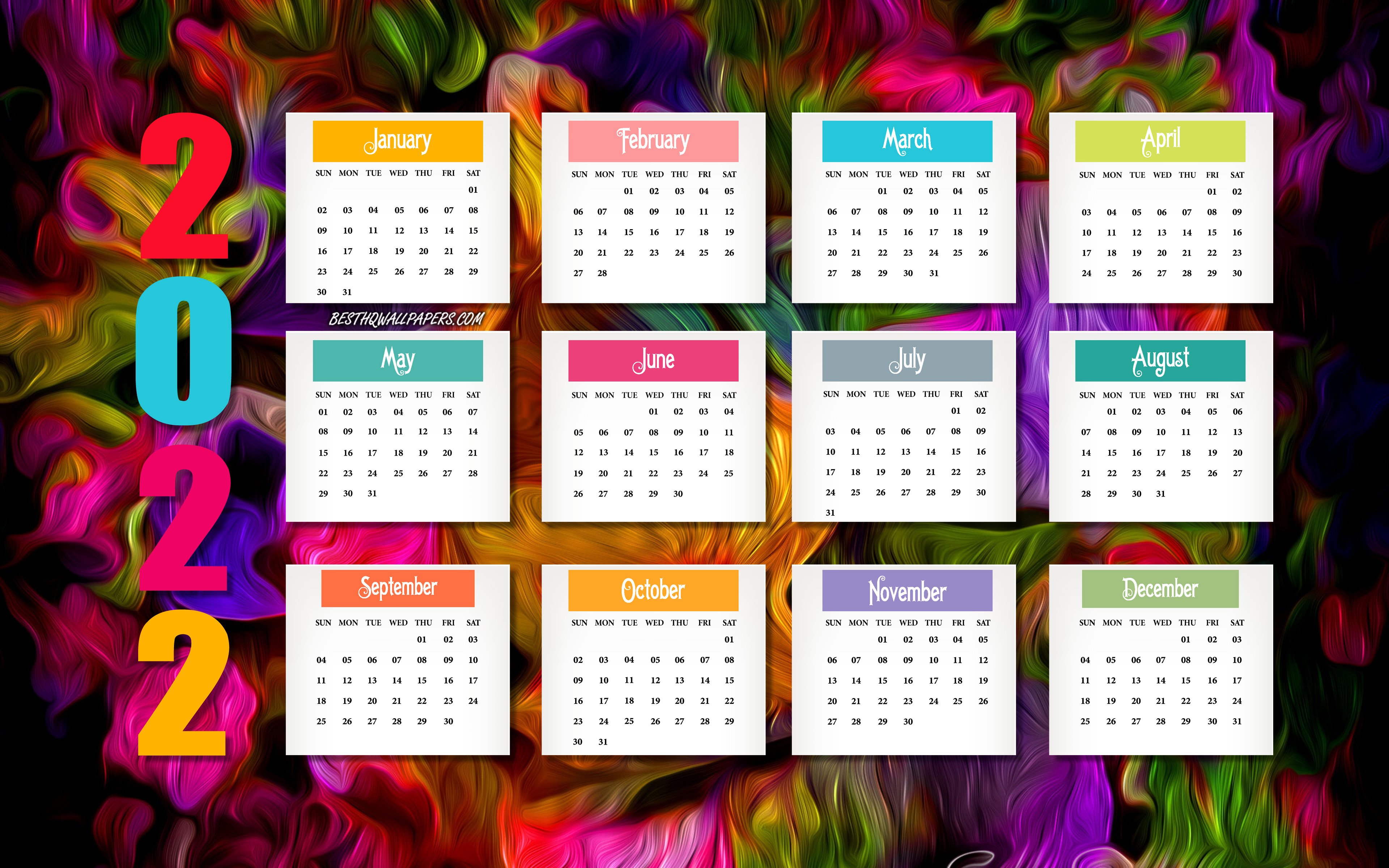 Download wallpaper 2022 Calendar, colorful background, 2022 all months calendar, 2022 concepts, 2022 New Year Calendar for desktop with resolution 3840x2400. High Quality HD picture wallpaper