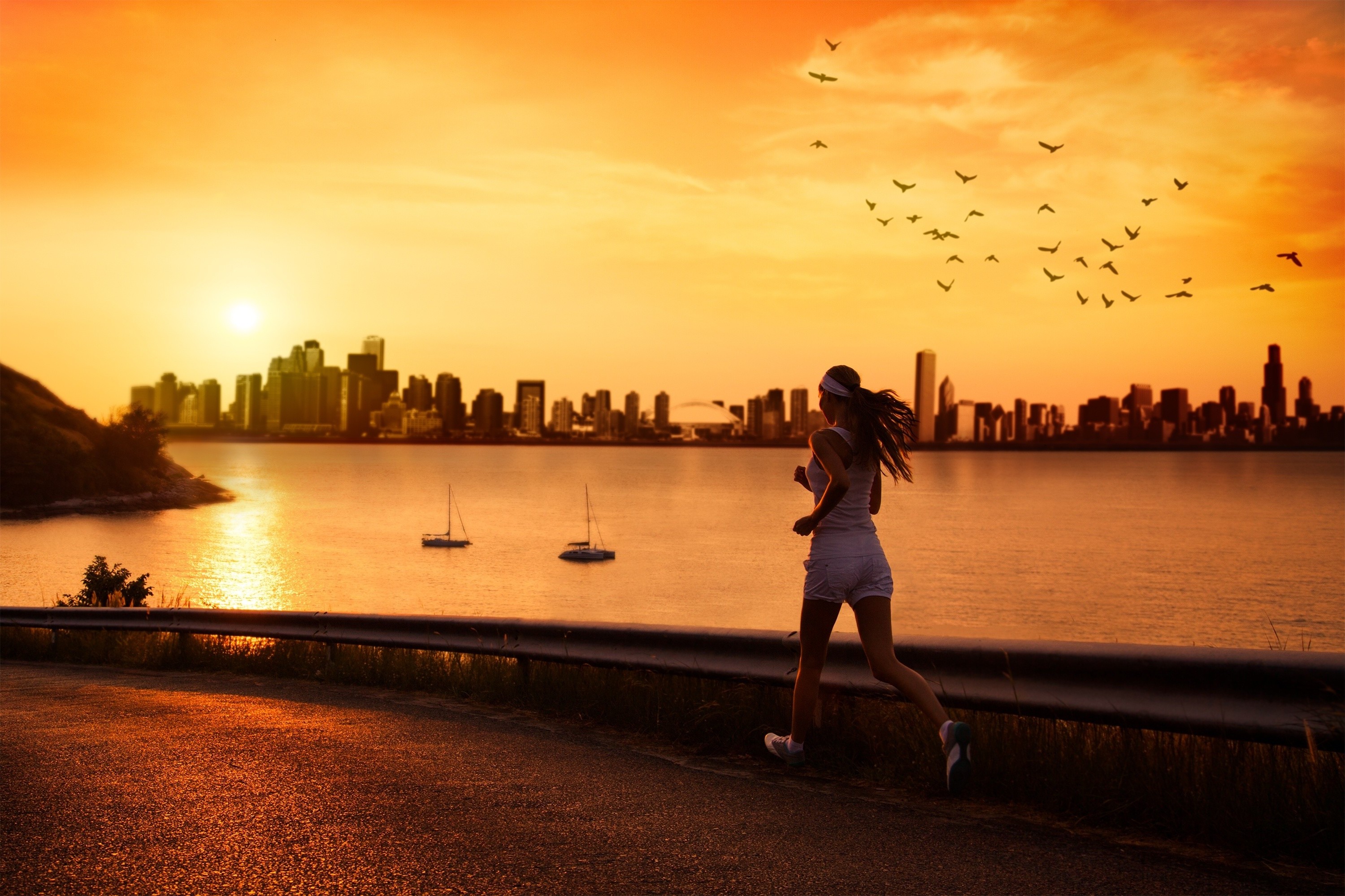 women, Sports, Road, City, River, Birds, Sunset Wallpaper HD / Desktop and Mobile Background