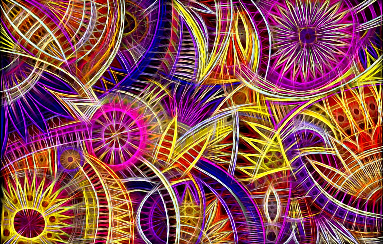 Wallpaper Bright Colors, Line, Circles, Abstraction, Background, Fantasy, Curves, Floral Ornament, Screensaver On Your Desktop, Fractal Picture, Purple Blue Yellow Shades Image For Desktop, Section абстракции
