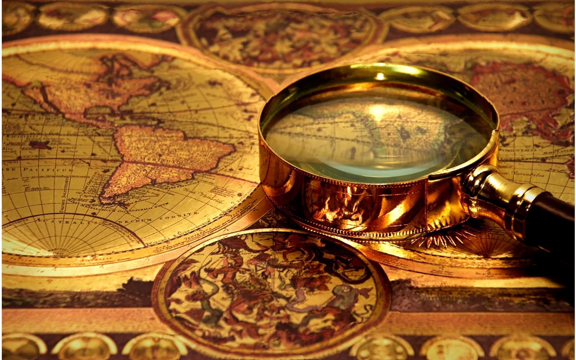 Wallpaper, map, vintage, gold, magnifying glasses, antique, ancient history, man made object 1920x1200