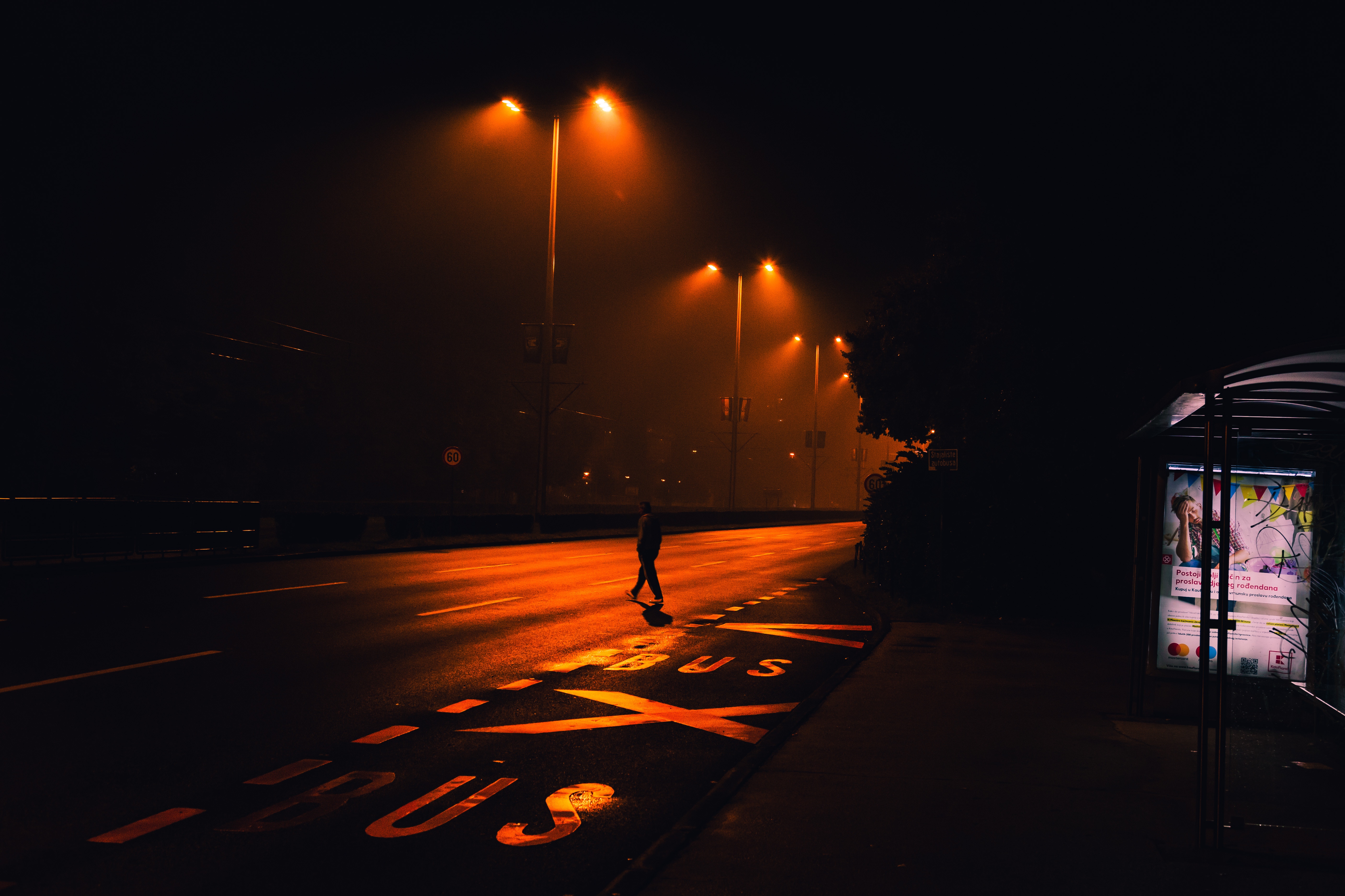 Wallpaper, orange, urban, lights, silhouette, road, lamp, rain, mist, walking, street light, reflection, photography, night view, dark, black 5616x3744