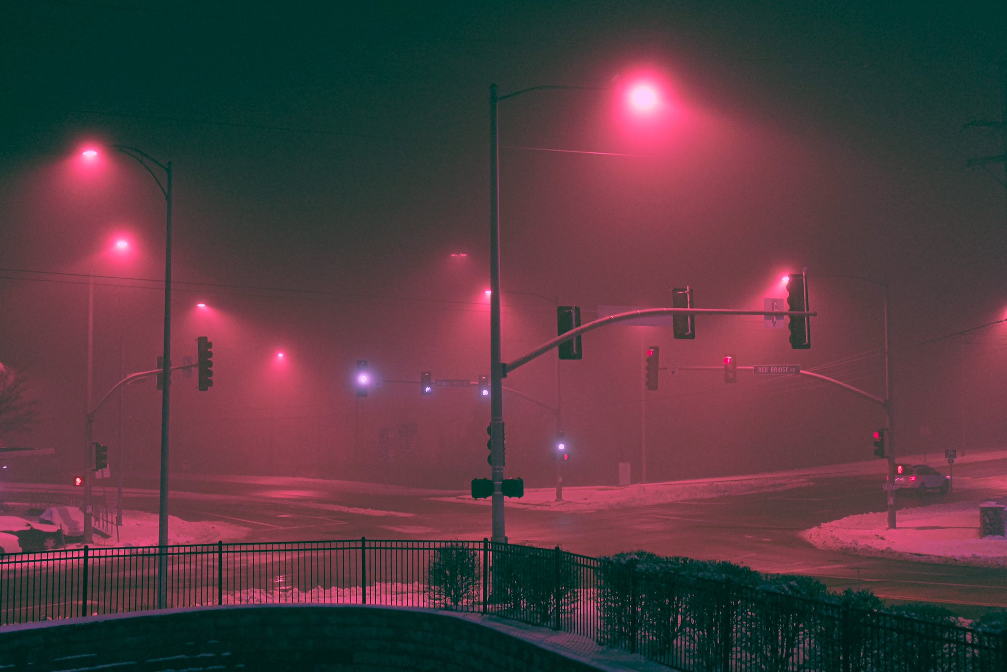 Wallpaper, street light, night, snow, winter, pink light, traffic lights 2048x1366