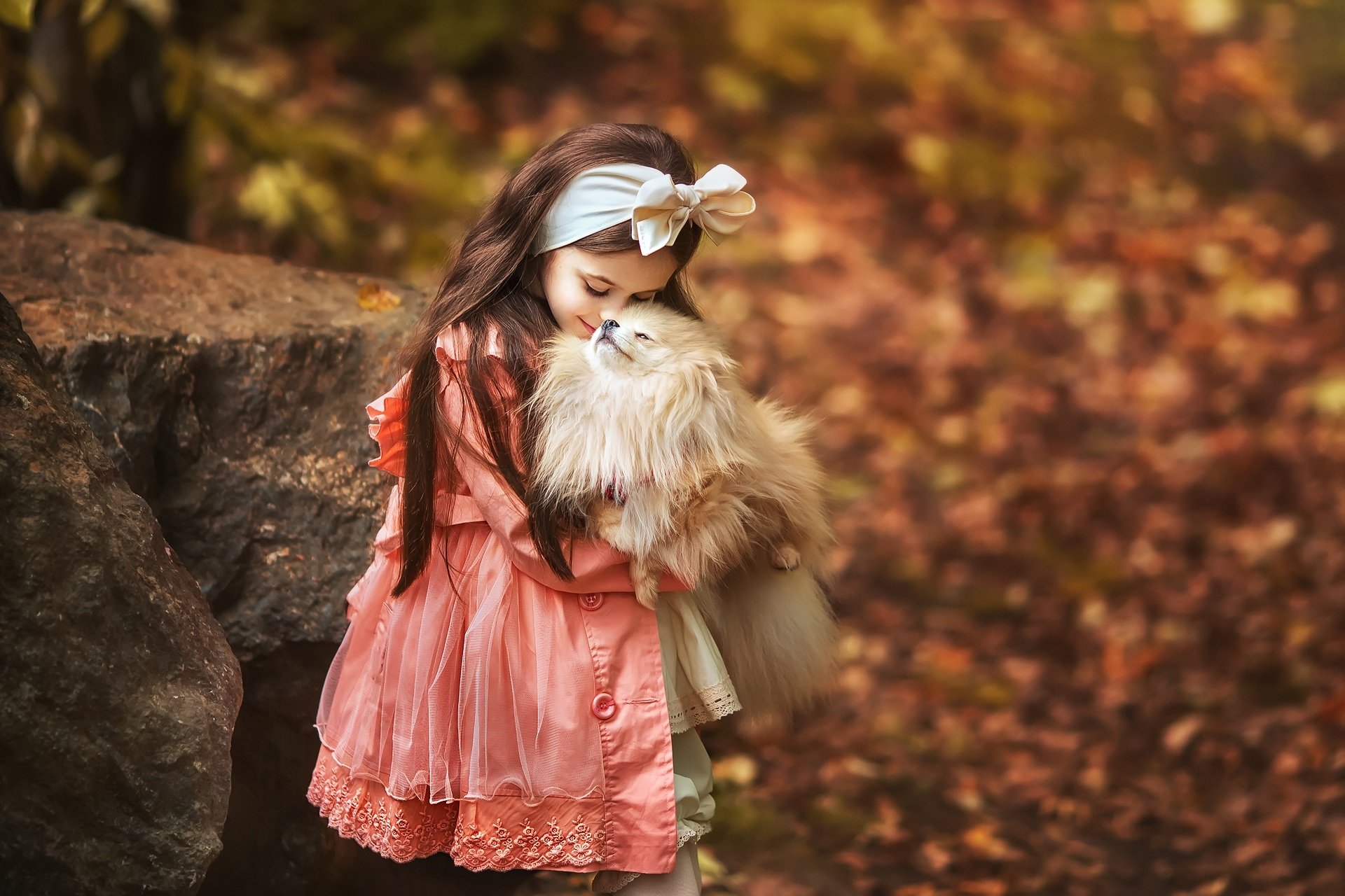 Little Girl and her Dog by Anastasia Barmina HD Wallpaper