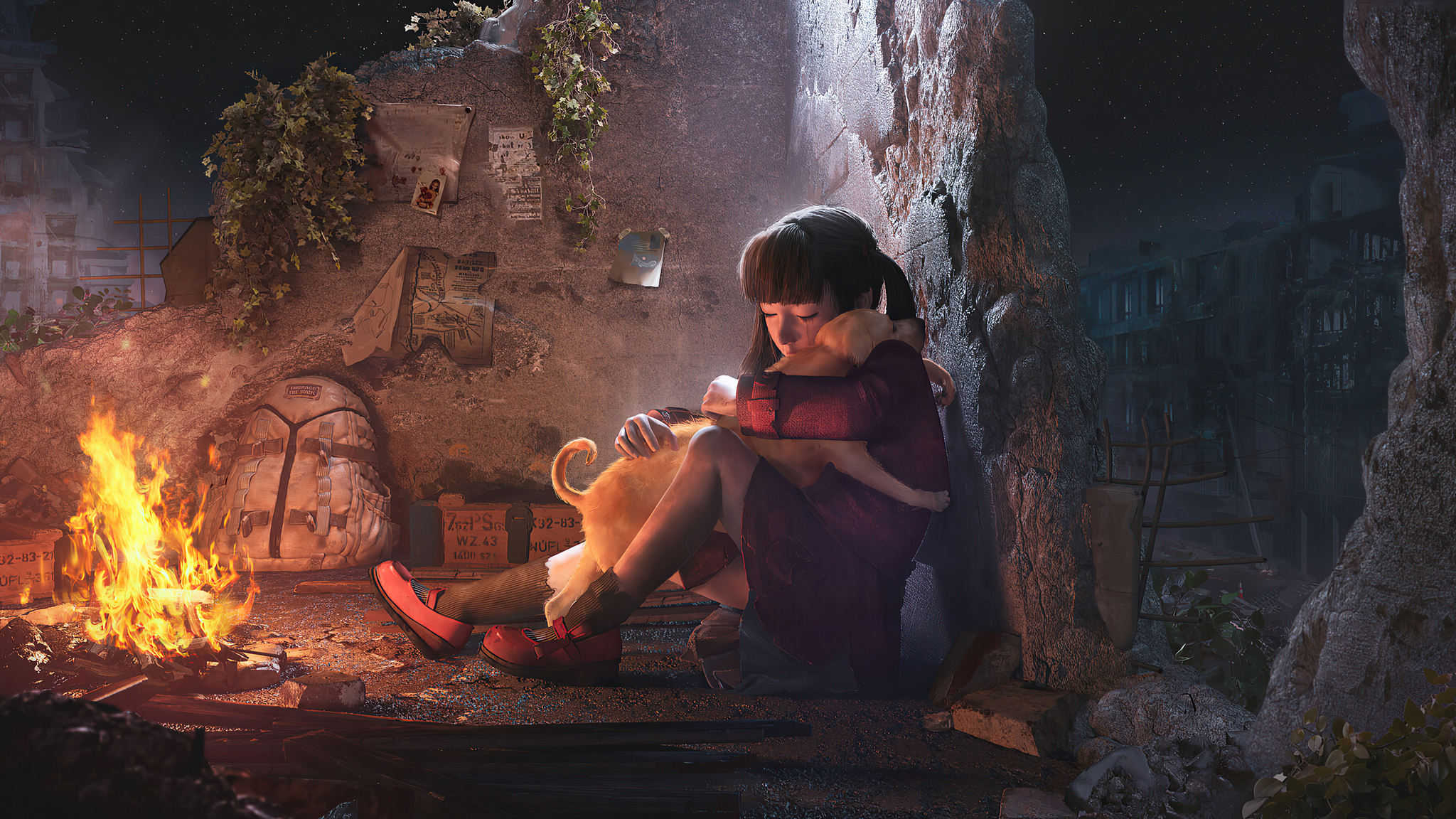 Alone Crying Girl With Dog 2048x1152 Resolution HD 4k Wallpaper, Image, Background, Photo and Picture