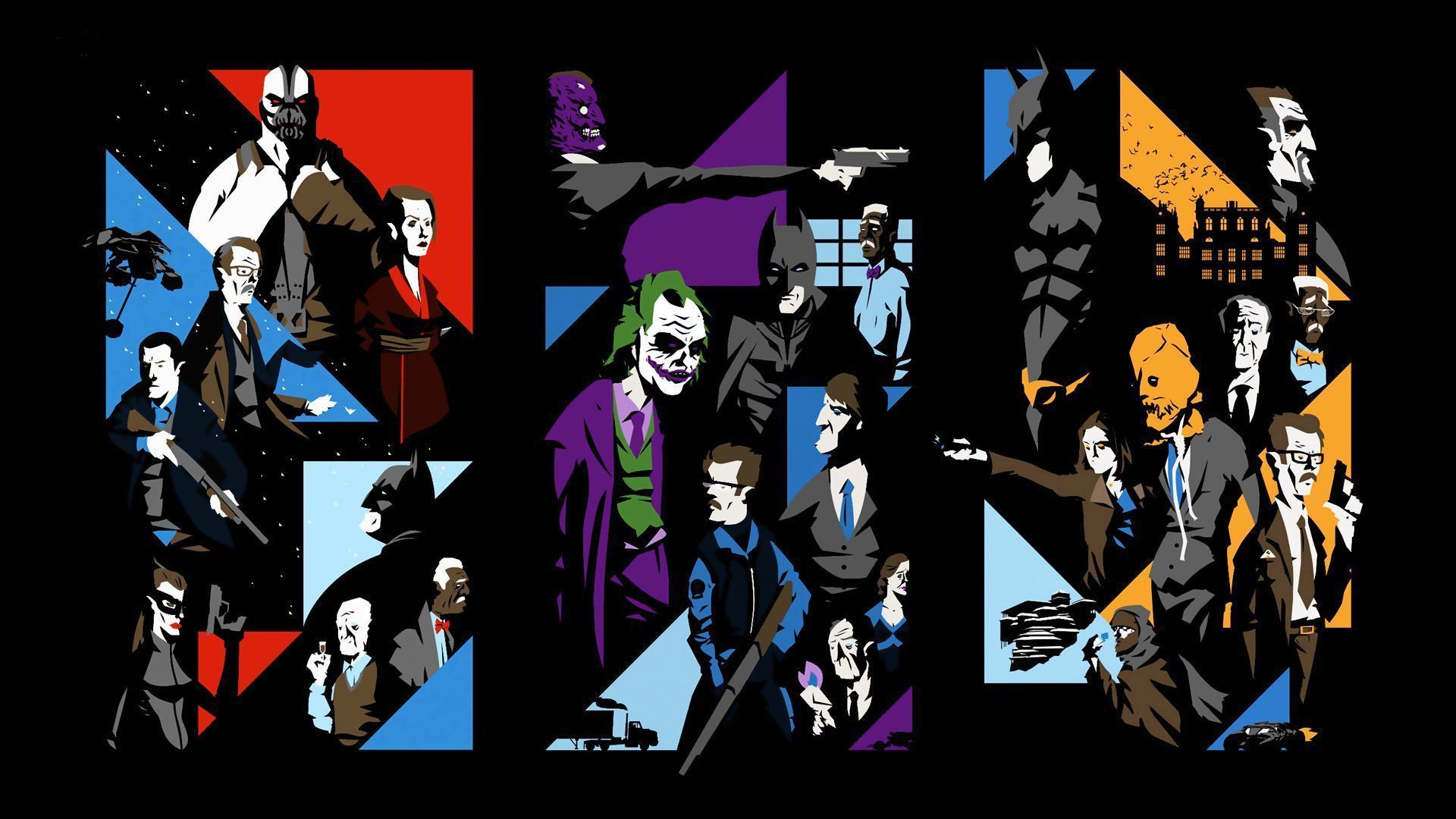 Wallpaper, illustration, video games, The Dark Knight, Catwoman, Joker, movies, cartoon, comics, Batman Begins, Heath Ledger, The Dark Knight Rises, Two Face, Bane, Scarecrow character, 1920x1080 px, comic book, supervillain 1920x1080