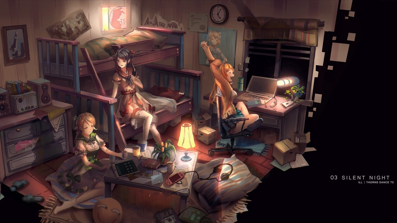 Download 1366x768 Anime Girls, Friends, Messy Room, Silent Night Wallpaper for Laptop, Notebook