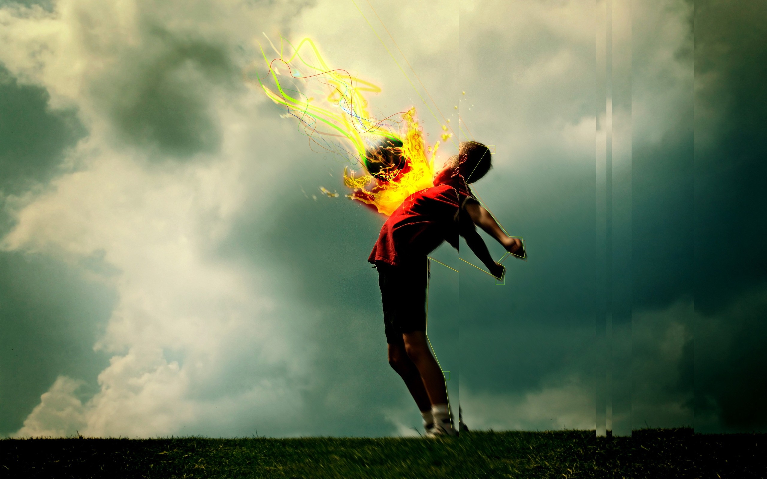 Wallpaper, sunlight, landscape, water, nature, grass, sky, jumping, photography, green, happiness, ball, cloud, tree, boy, girl, fun, football, computer wallpaper, atmosphere of earth, extreme sport, meteorological phenomenon, pass 2560x1600