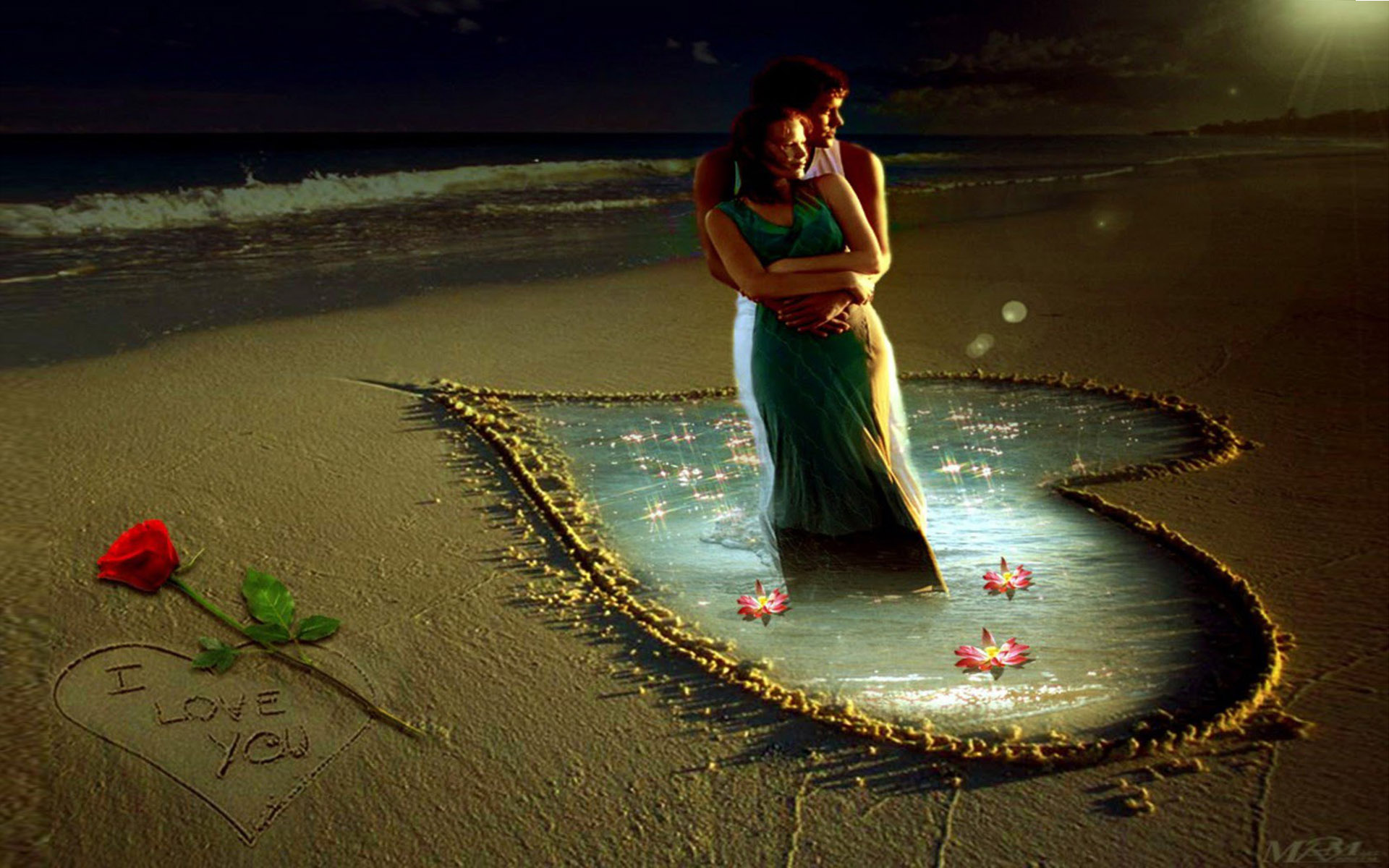 Boy and Girl in Embrace Beach Rose Heart in Sand You Love HD Wallpaper, Wallpaper13.com