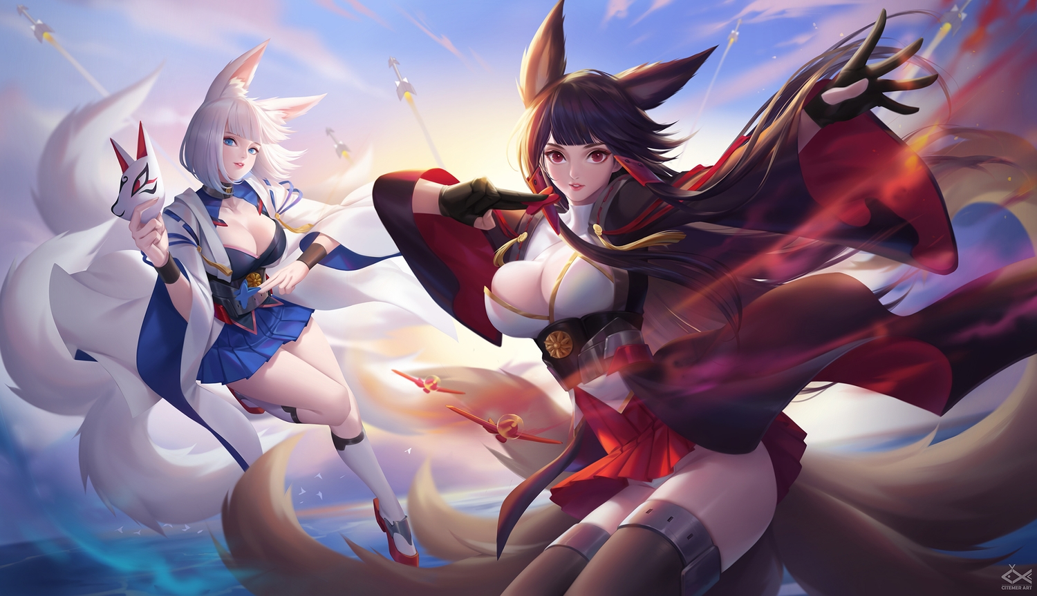 2girls akagi (azur lane) animal ears anthropomorphism azur lane black hair blue eyes breasts citemer cleavage foxgirl kaga (azur lane) kneehighs long hair mask multiple tails panties red eyes short hair tail