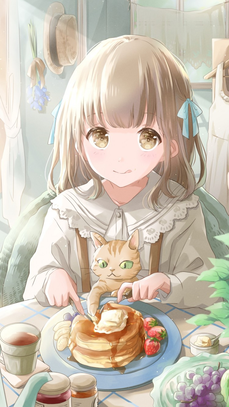 Download 750x1334 Cute Anime Girl, Eating A Pancake, Cat, Neko, Cafe, Ribbon Wallpaper for iPhone 7, iPhone 6