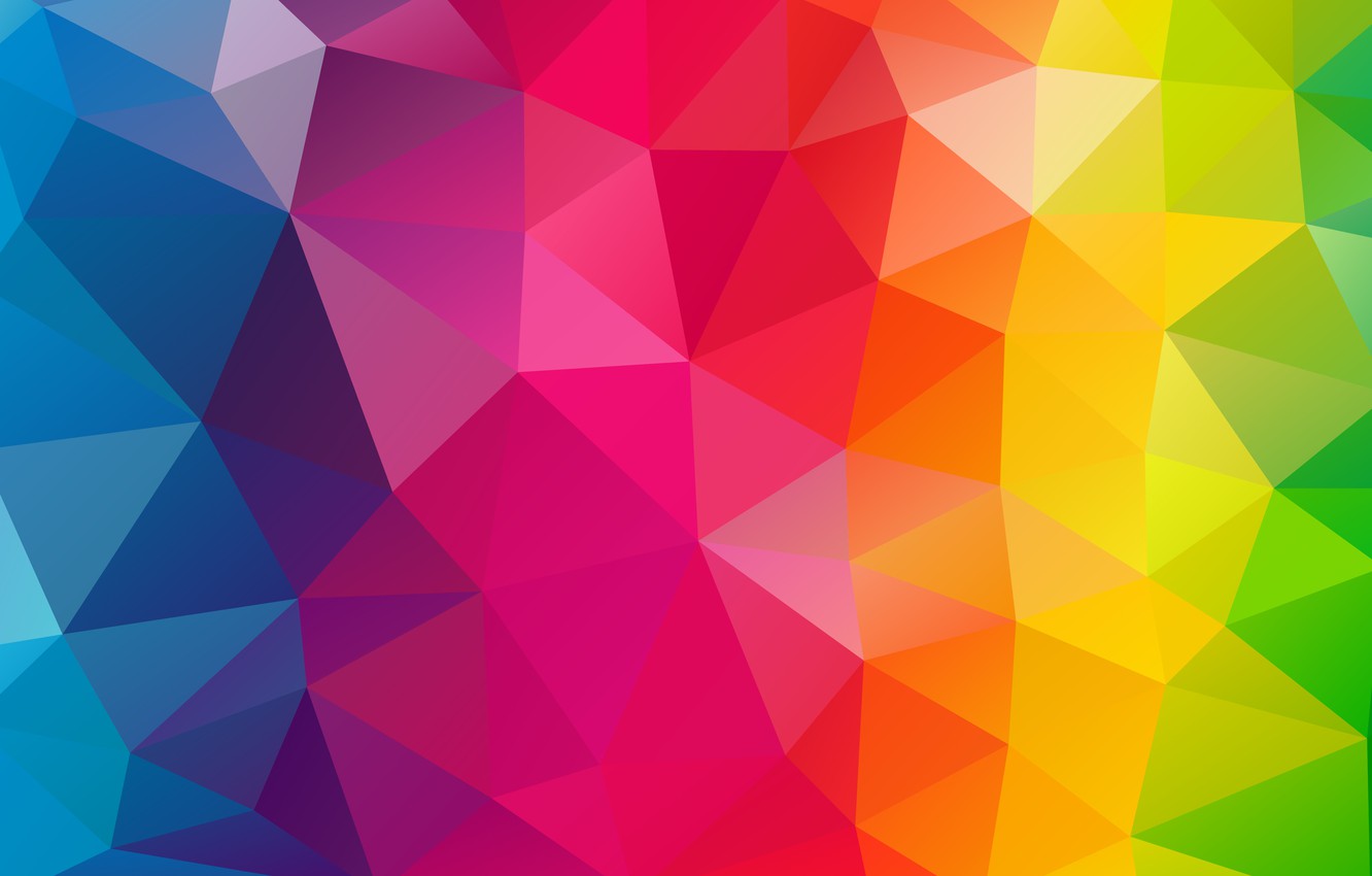 Wallpaper purple, light, line, orange, blue, red, yellow, pink, triangles, rainbow, texture, bending, faces, green, geometry, polygons image for desktop, section абстракции