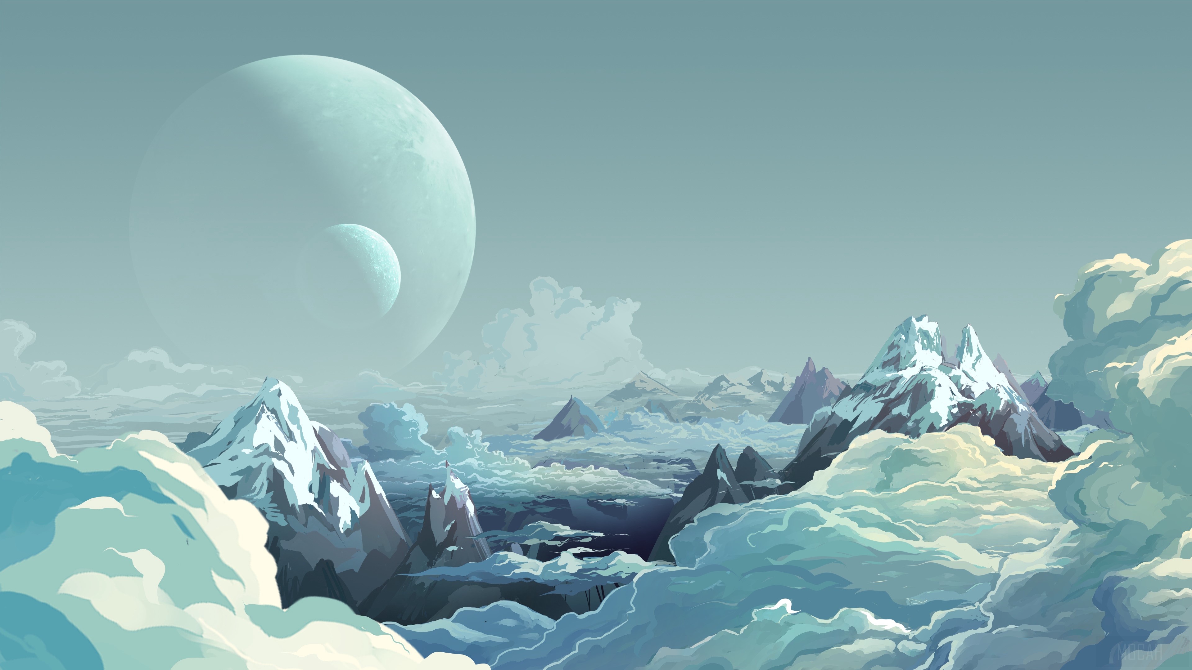 planet, mountains, art, clouds, peaks 4k wallpaper. Mocah HD Wallpaper