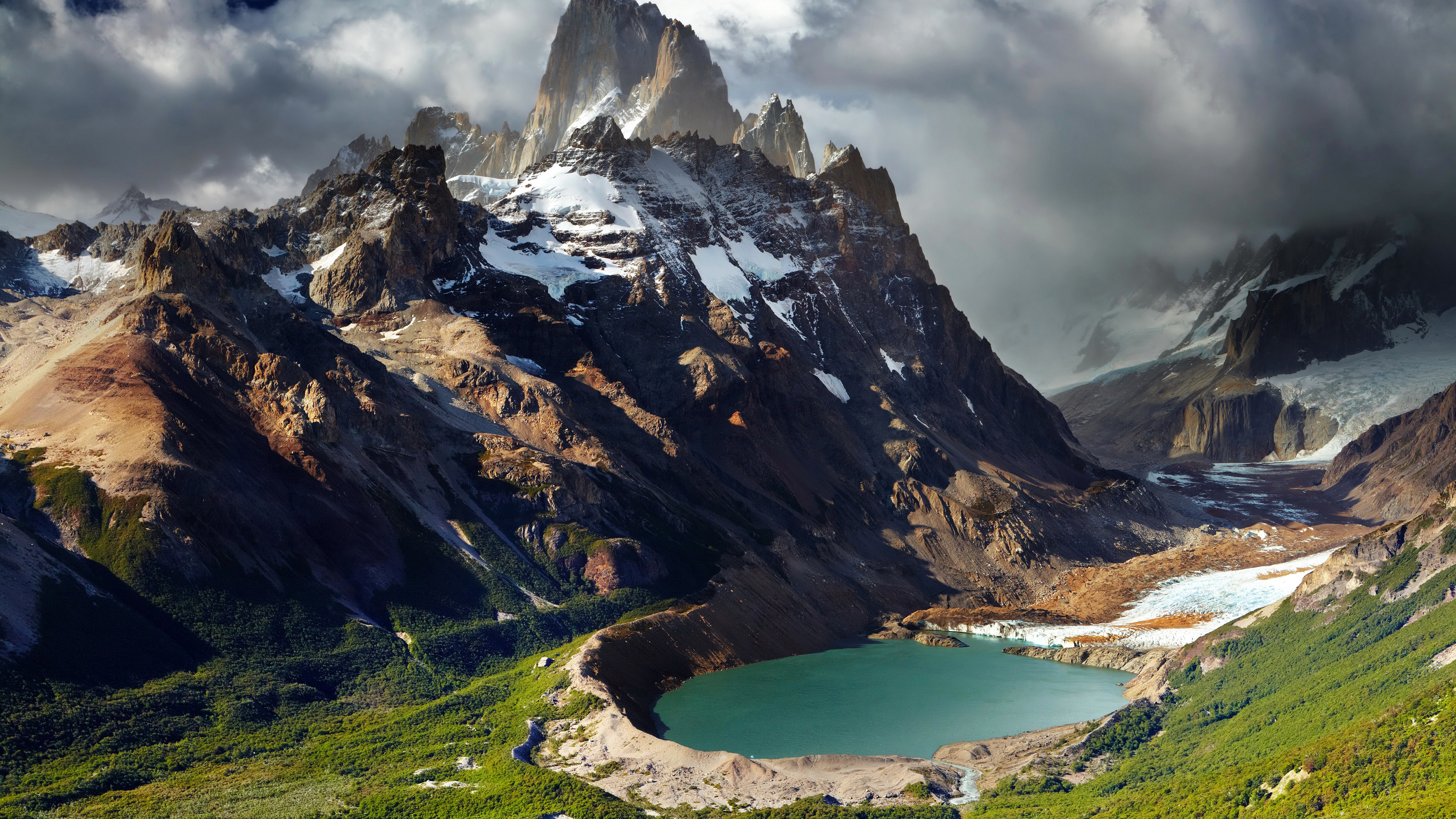 Fitz Roy, Patagonia, Argentina, Mountain Peak, Glacier mountains, Snow covered, Landscape, Cloudy Sky, Lake, Valley, 4k Free deskk wallpaper, Ultra HD
