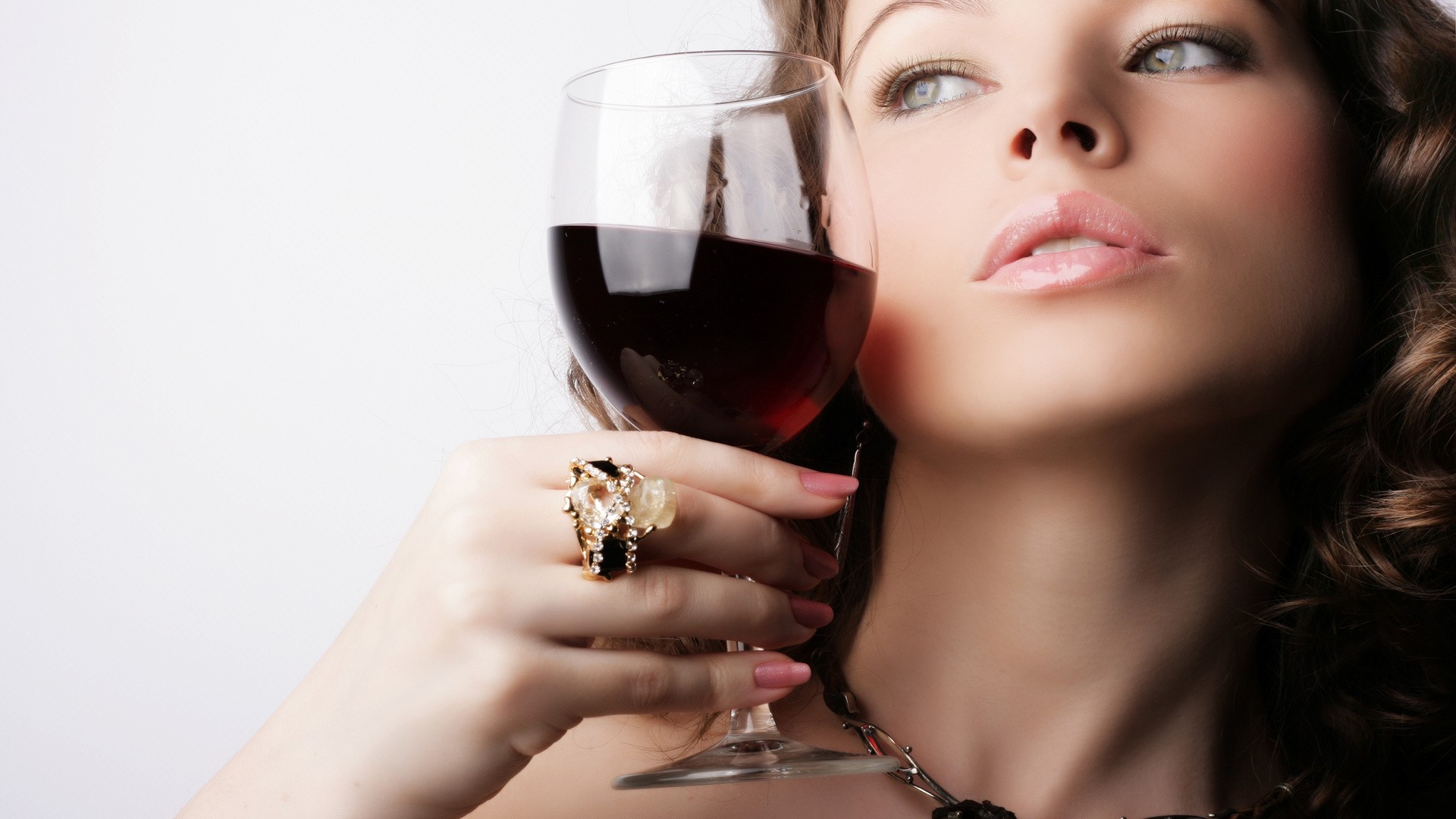 Wallpaper, face, women, model, portrait, glasses, painted nails, photography, necklace, dress, drink, fashion, skin, girl, beauty, woman, hand, lady, Sense, lip, photo shoot, organ, close up, wine glass 1920x1080