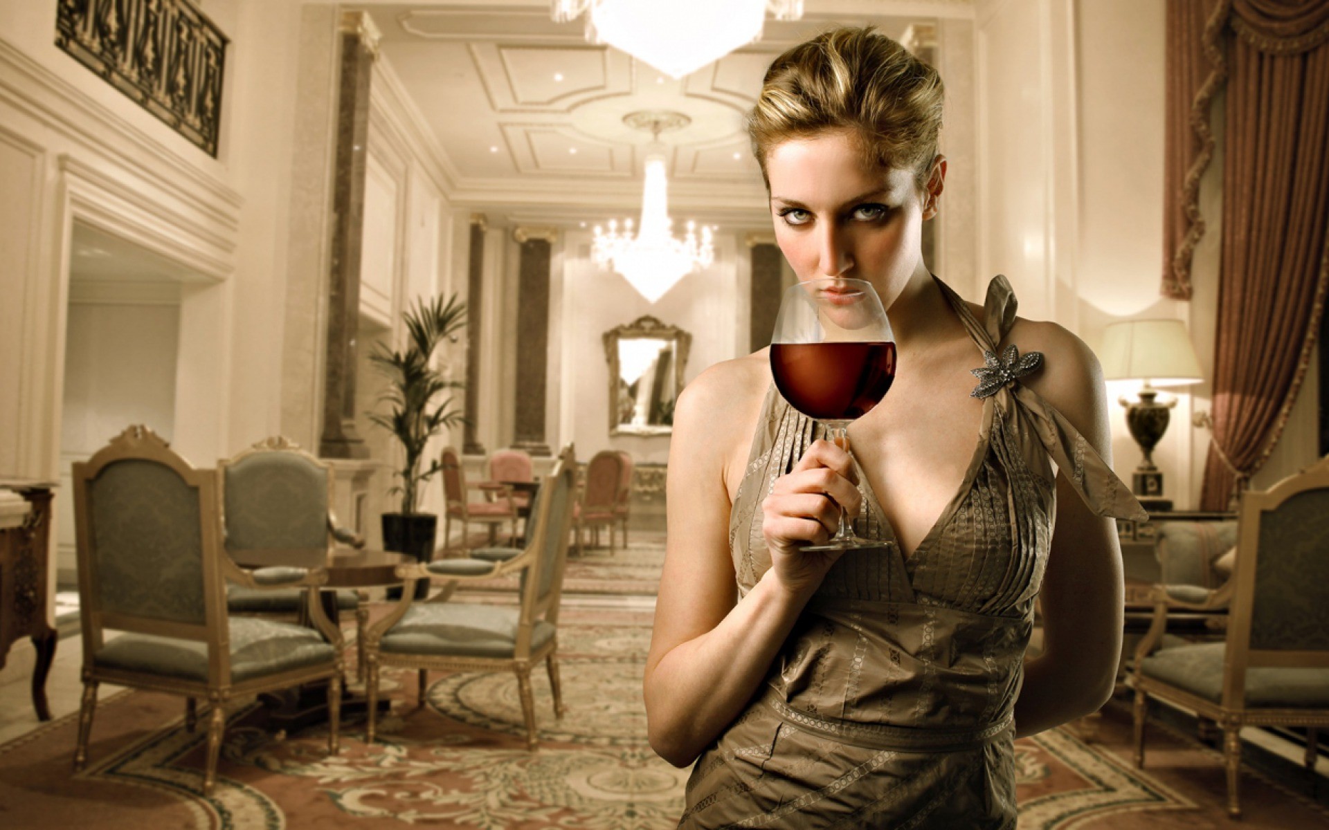 Wallpaper, women, sitting, wine, drink, fashion, screenshot, human positions, photo shoot 1920x1200