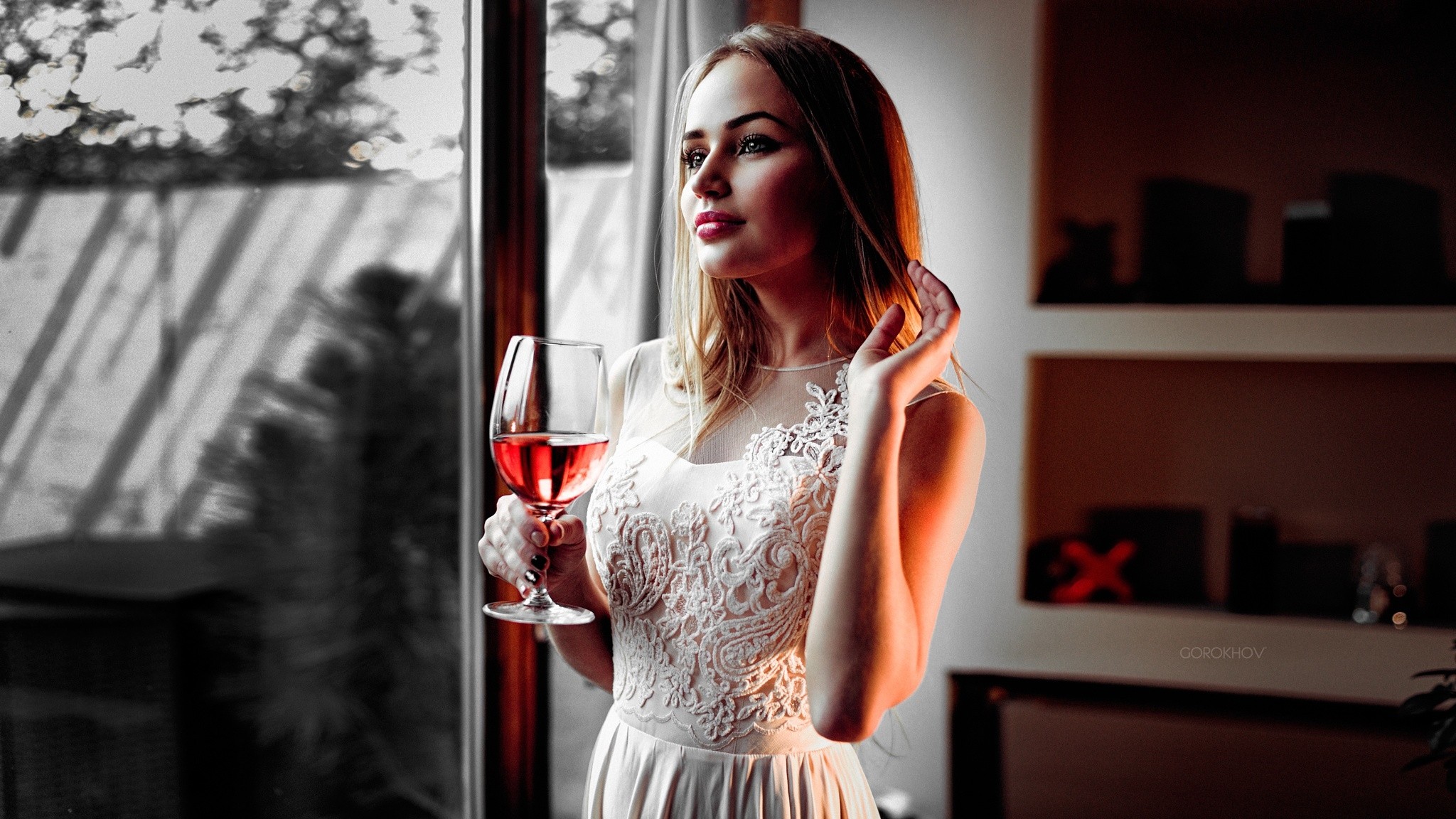 Desktop Wallpaper Blonde, Girl, Drinking Red Wine, Brunette, Beautiful, HD Image, Picture, Background, Qmcejh