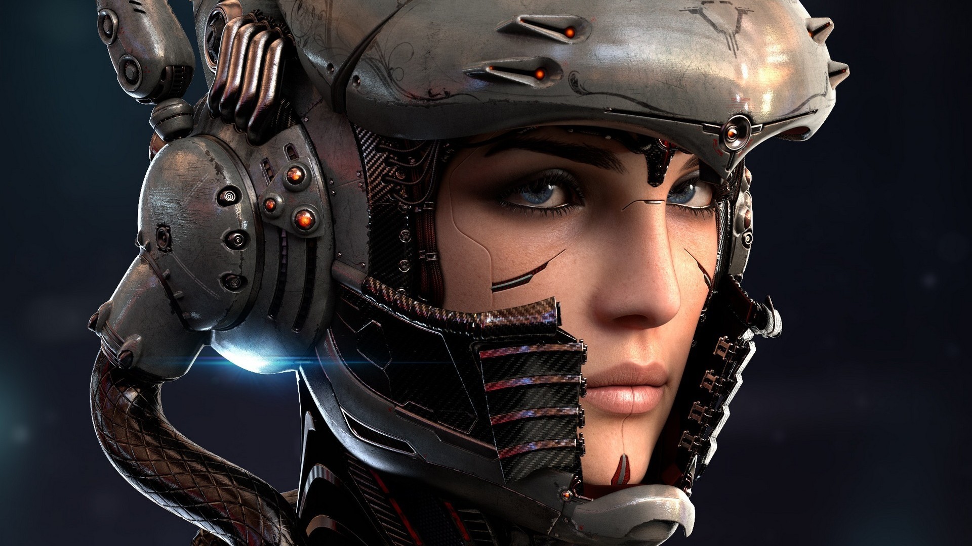 #women, #helmet, #digital art, #cyborg, #wires, #technology, #bionics, #blue eyes, #face, #lights, #robot, wallpaper. Mocah HD Wallpaper
