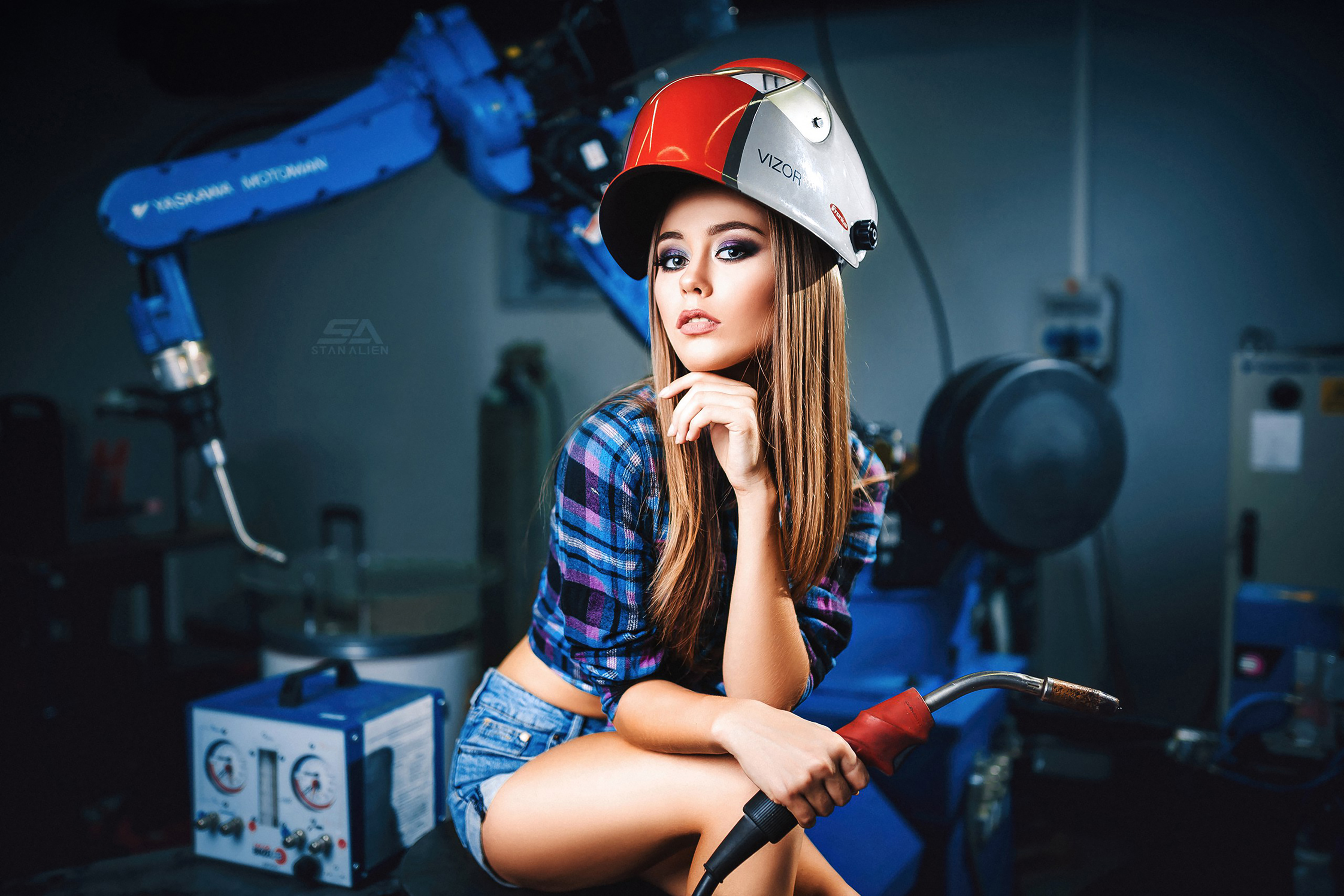 Stan Alien Shirt Women Brunette Sitting Welding Helmet Portrait Wallpaper:3000x2000