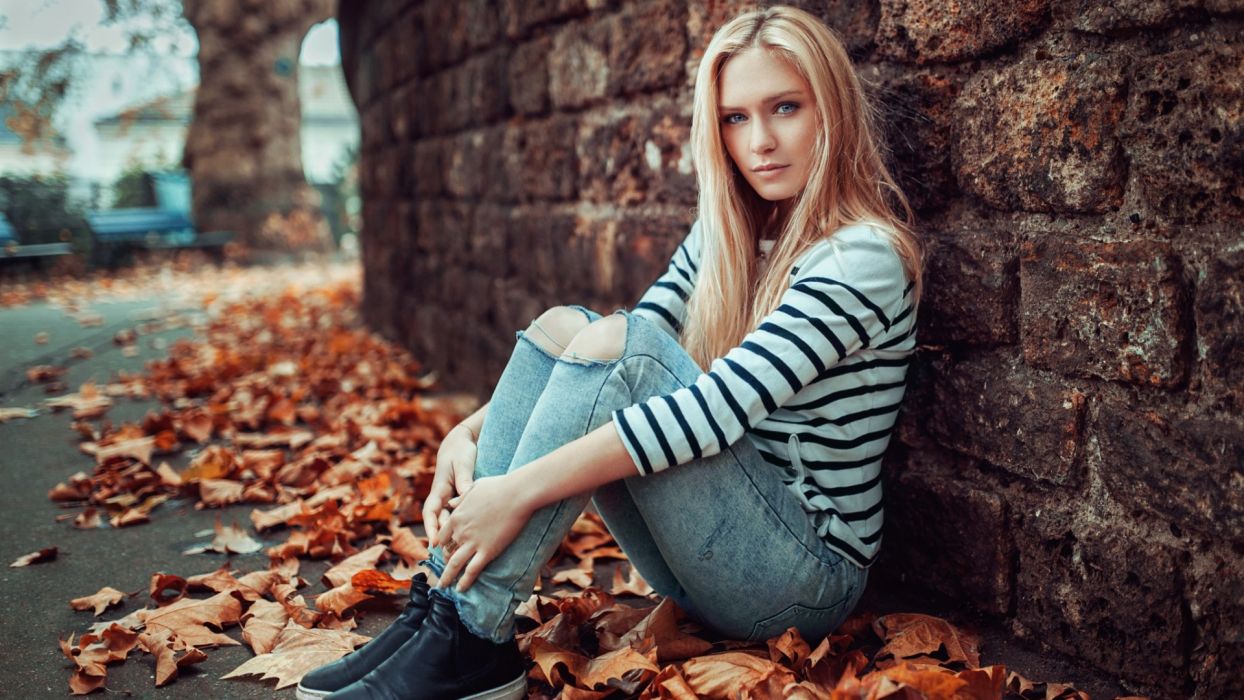 Sensuality Woman Girl Sensual Jeans Denim Torn Pants Sitting Sneakers Leaf Autumn Wallpaperx1080