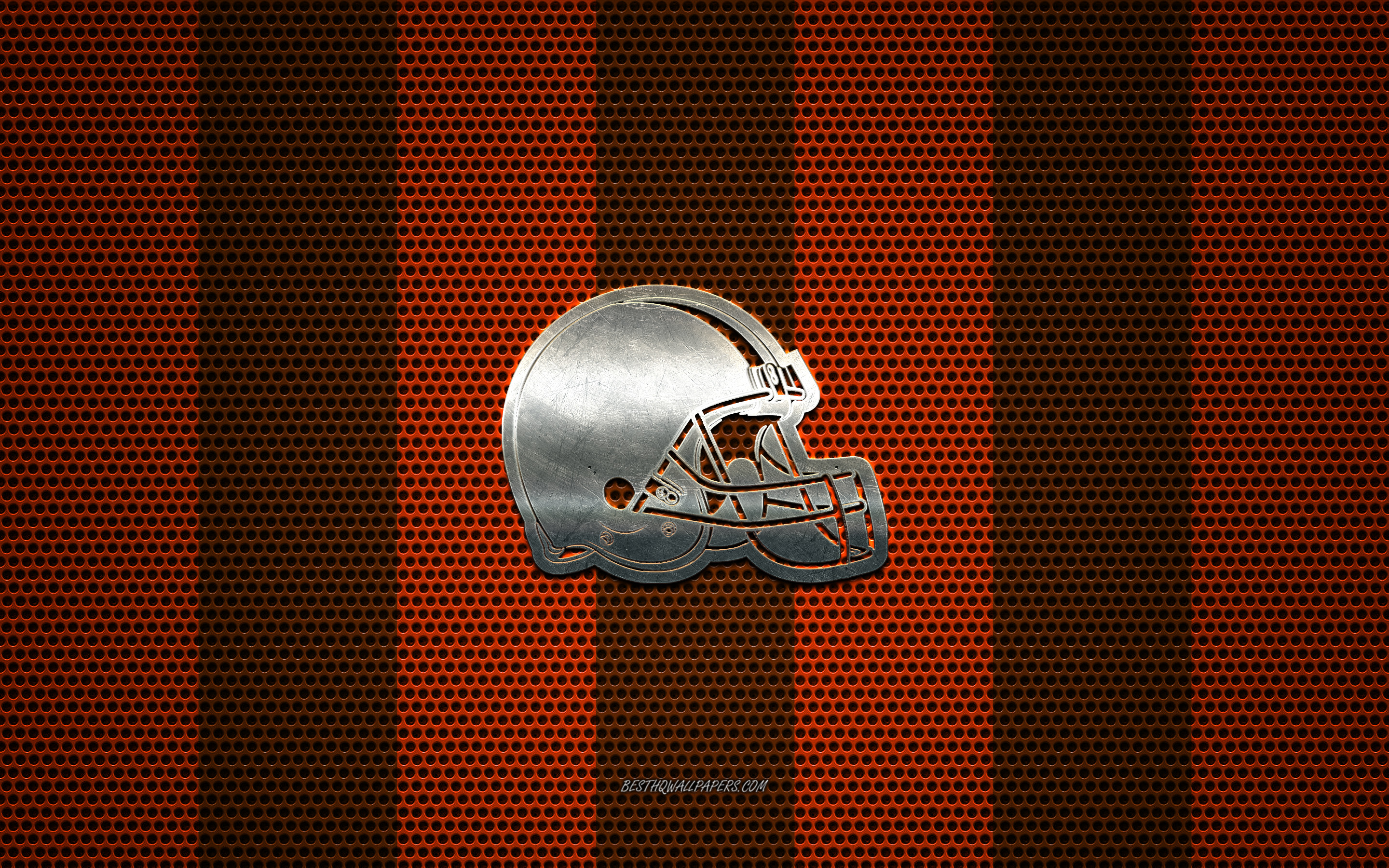Download Wallpaper Cleveland Browns Logo, American Football Club, Metal Emblem, Brown Orange Metal Mesh Background, Cleveland Browns, NFL, Cleveland, Ohio, USA, American Football For Desktop With Resolution 2880x1800. High Quality HD Picture Wallpaper