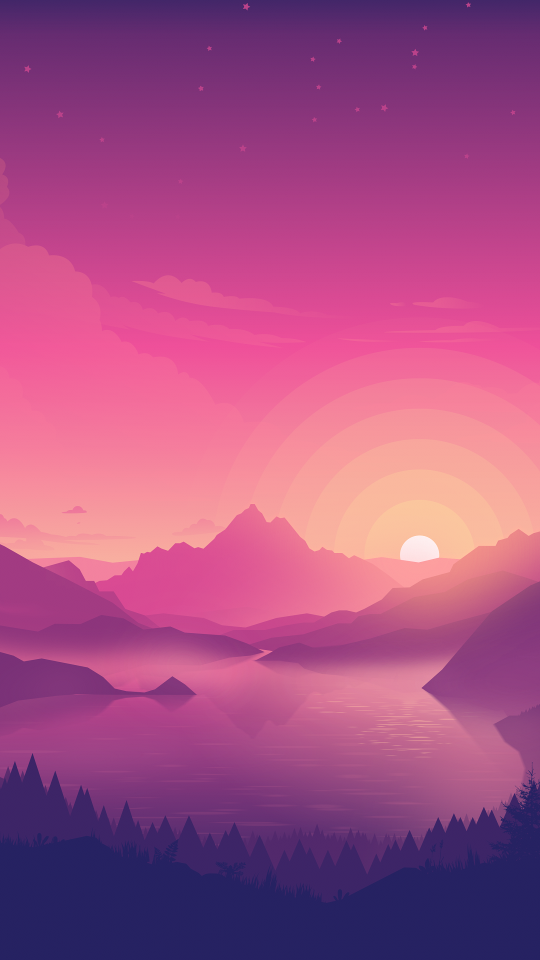 Lakeside Wallpaper 4K, Pink sky, Sunset, Minimal art, Nature