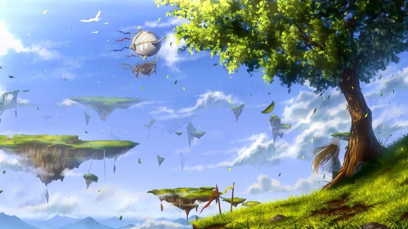 anime birds leaves trees floating island Wallpaper HD / Desktop and Mobile Background