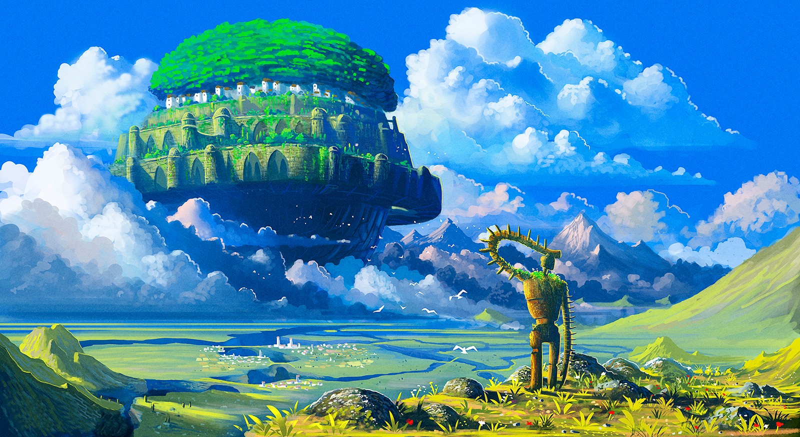 Wallpaper, illustration, anime, robot, sky, Earth, floating island, Studio Ghibli, Castle in the Sky, meadow, computer wallpaper, atmosphere of earth, ecosystem 1600x874