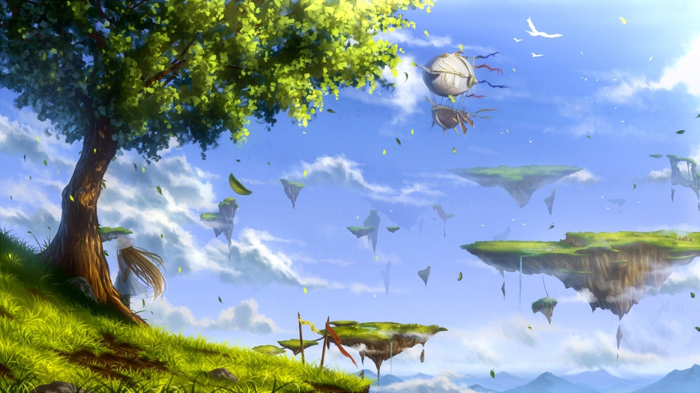 #floating island, #birds, #trees, #anime, #leaves, wallpaper HD Wallpaper