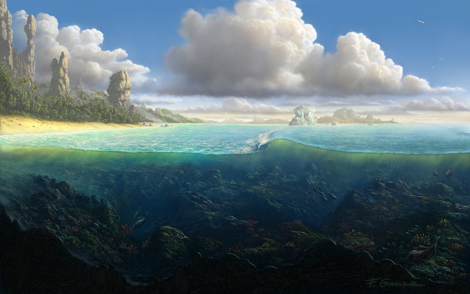 Wallpaper, 1920x1200 px, animals, anime, ART, artistic, CG, clouds, detail, digital, fantasy, fishes, island, land, landscapes, ocean, sea, seascapes, skies 1920x1200
