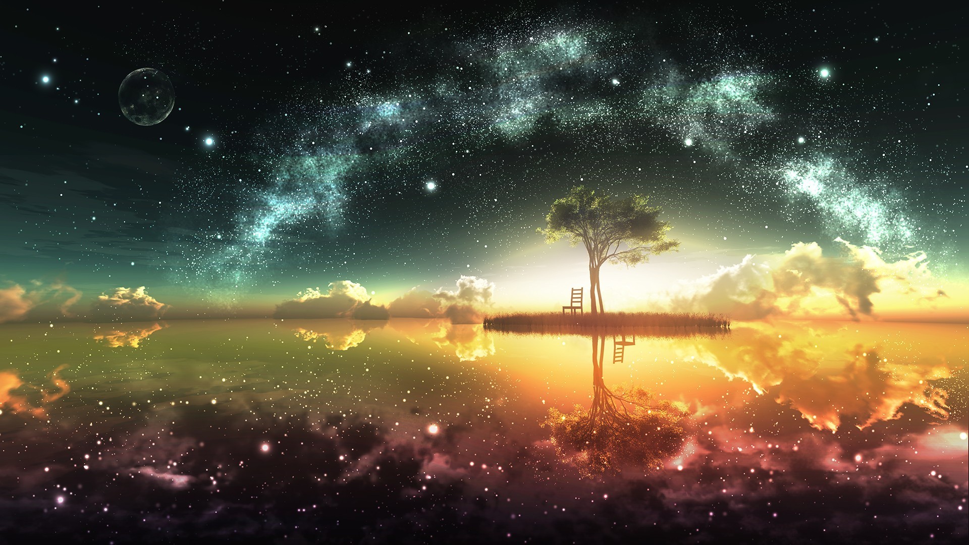 #reflection, #sunset, #clouds, #digital art, #chair, #sky, #anime, #Moon, #water, #fantasy art, #bonsai, #space art, #stars, #artwork, #island, #trees, wallpaper. Mocah HD Wallpaper