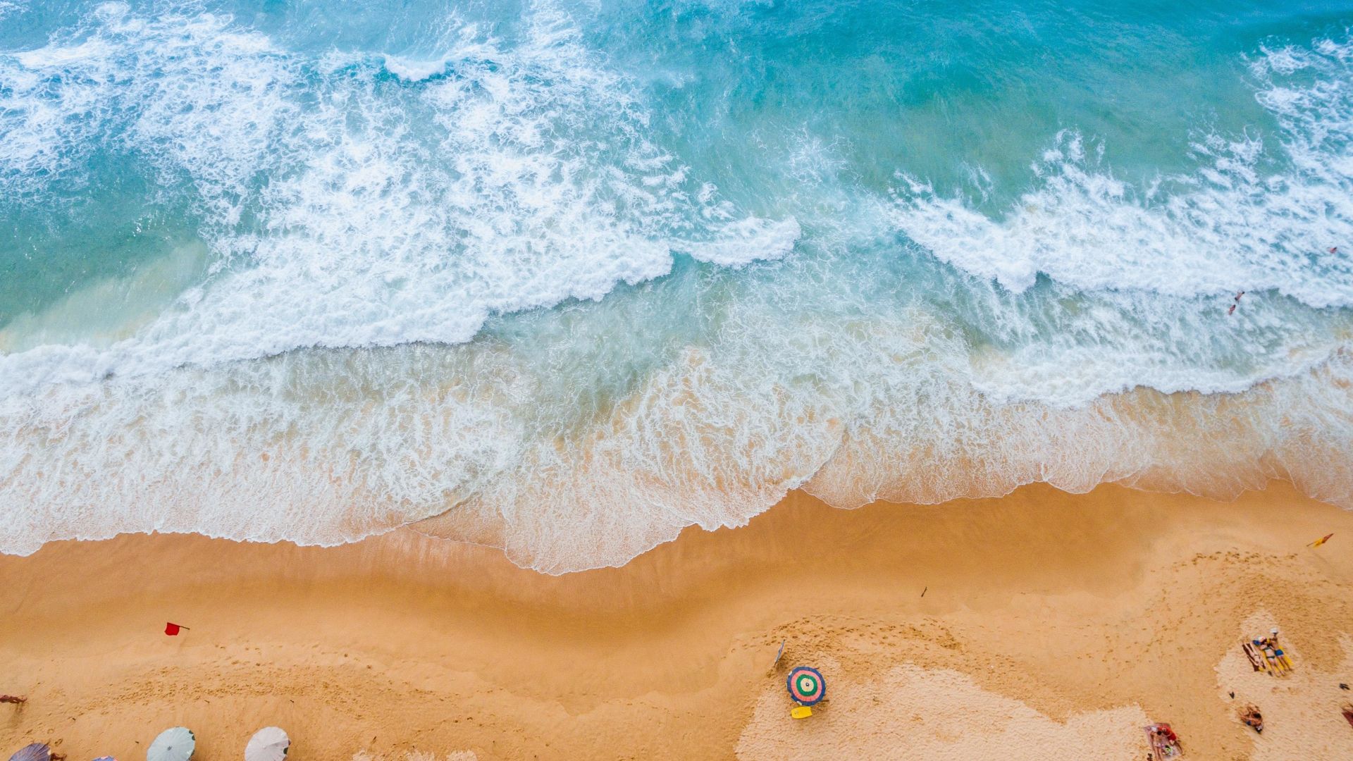 Desktop wallpaper aerial view, beach, sea waves, blue and white, HD image, picture, background, e0d279